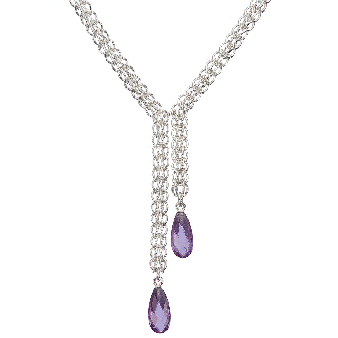 Purple Drops Persian Necklace - Sterling silver chainmail and amethyst drops