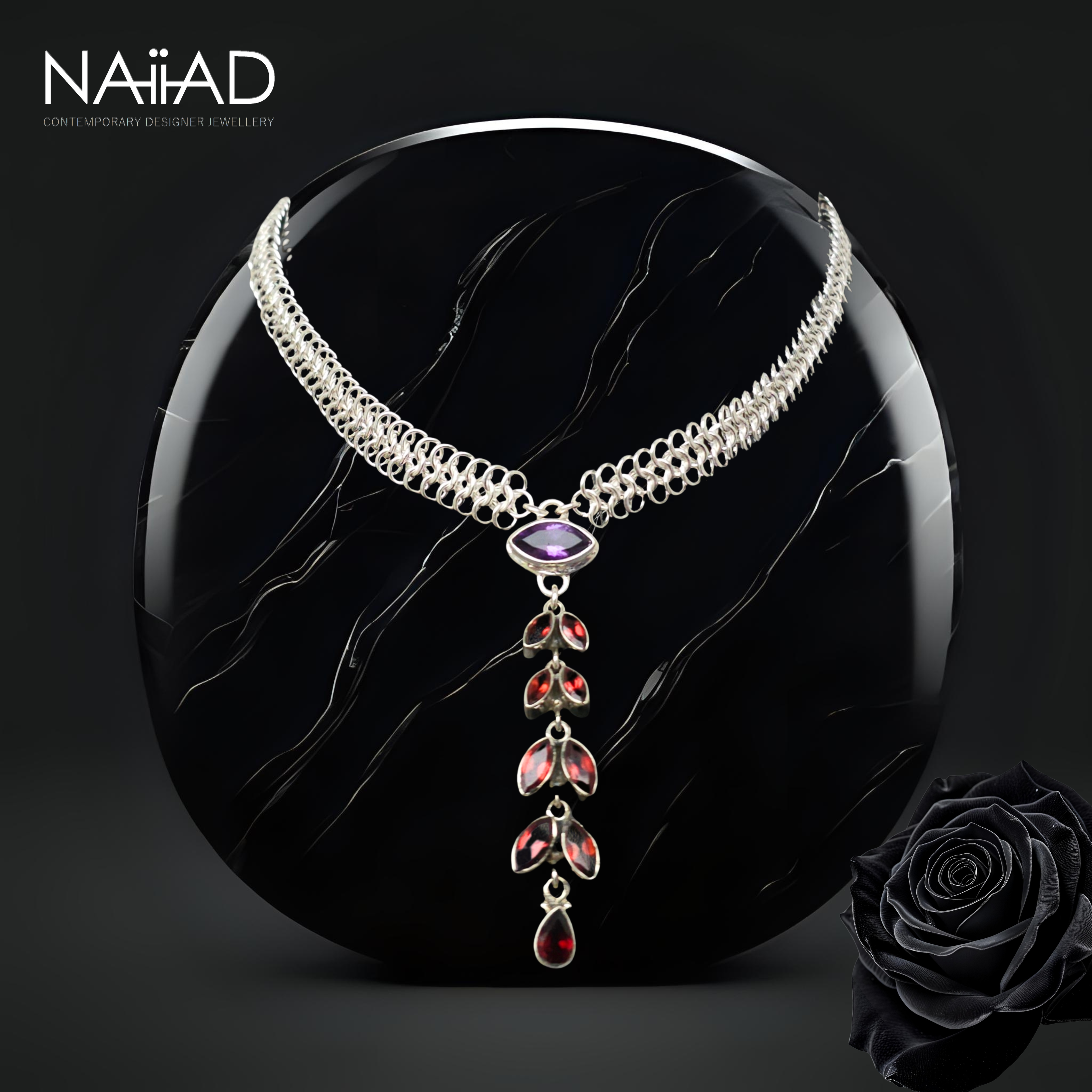 Shimmer Cascade choker ~ Silver, amethyst and garnet chainmail necklace