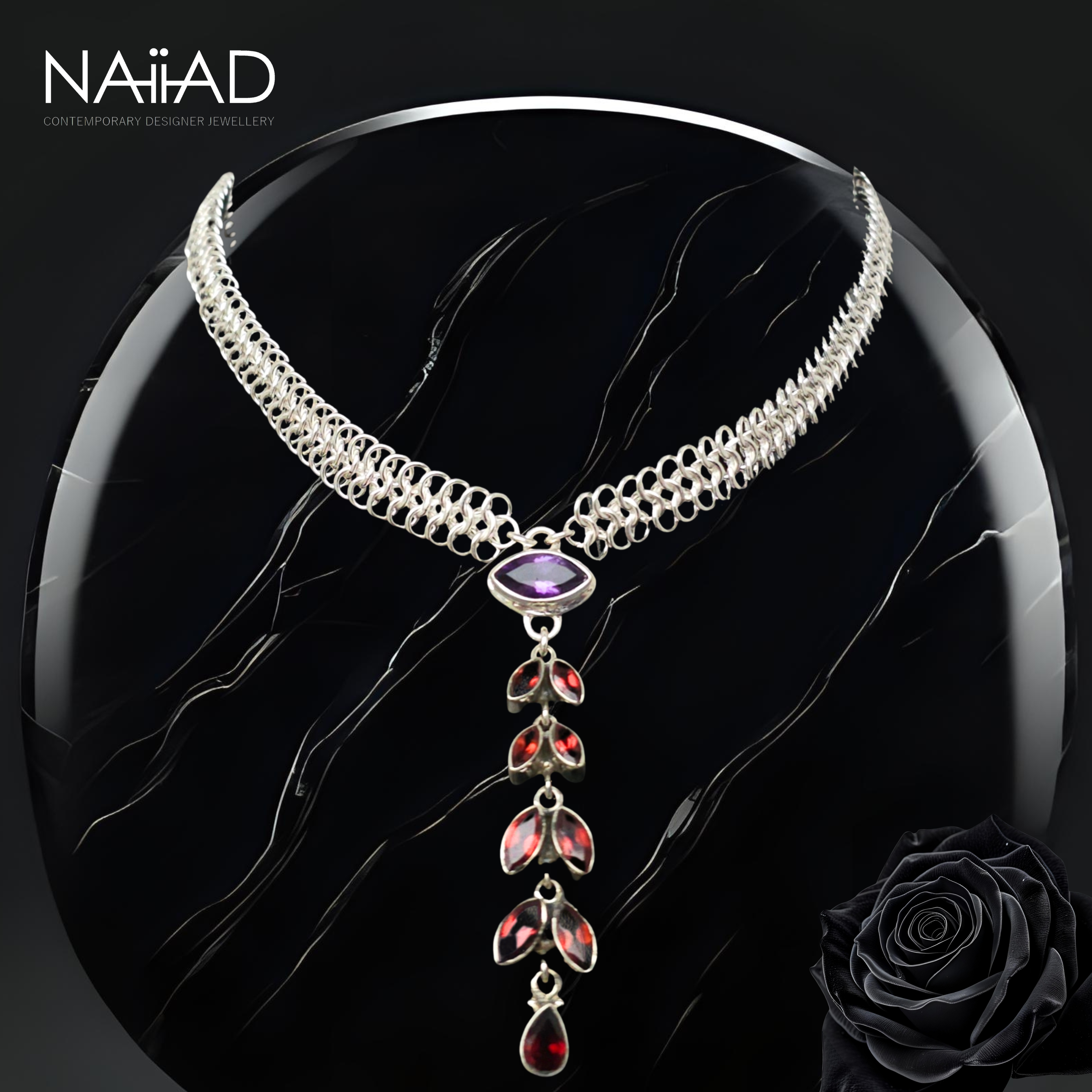 Shimmer Cascade choker ~ Silver, amethyst and garnet chainmail necklace