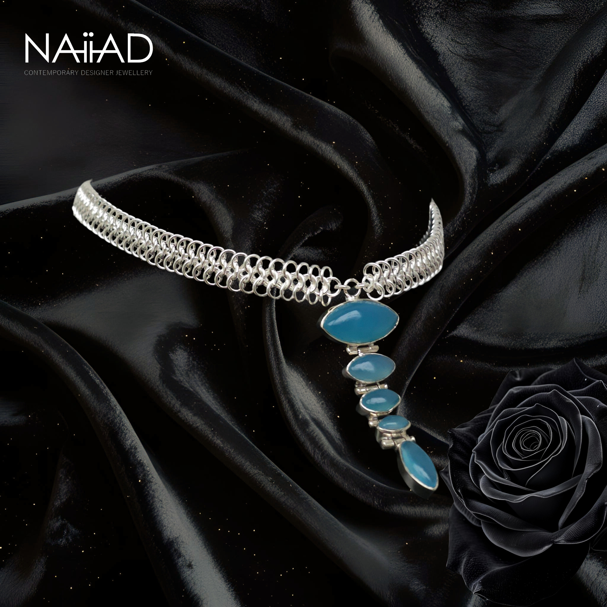 Sea Shimmer choker ~ Sterling silver and blue chalcedony chainmail necklace