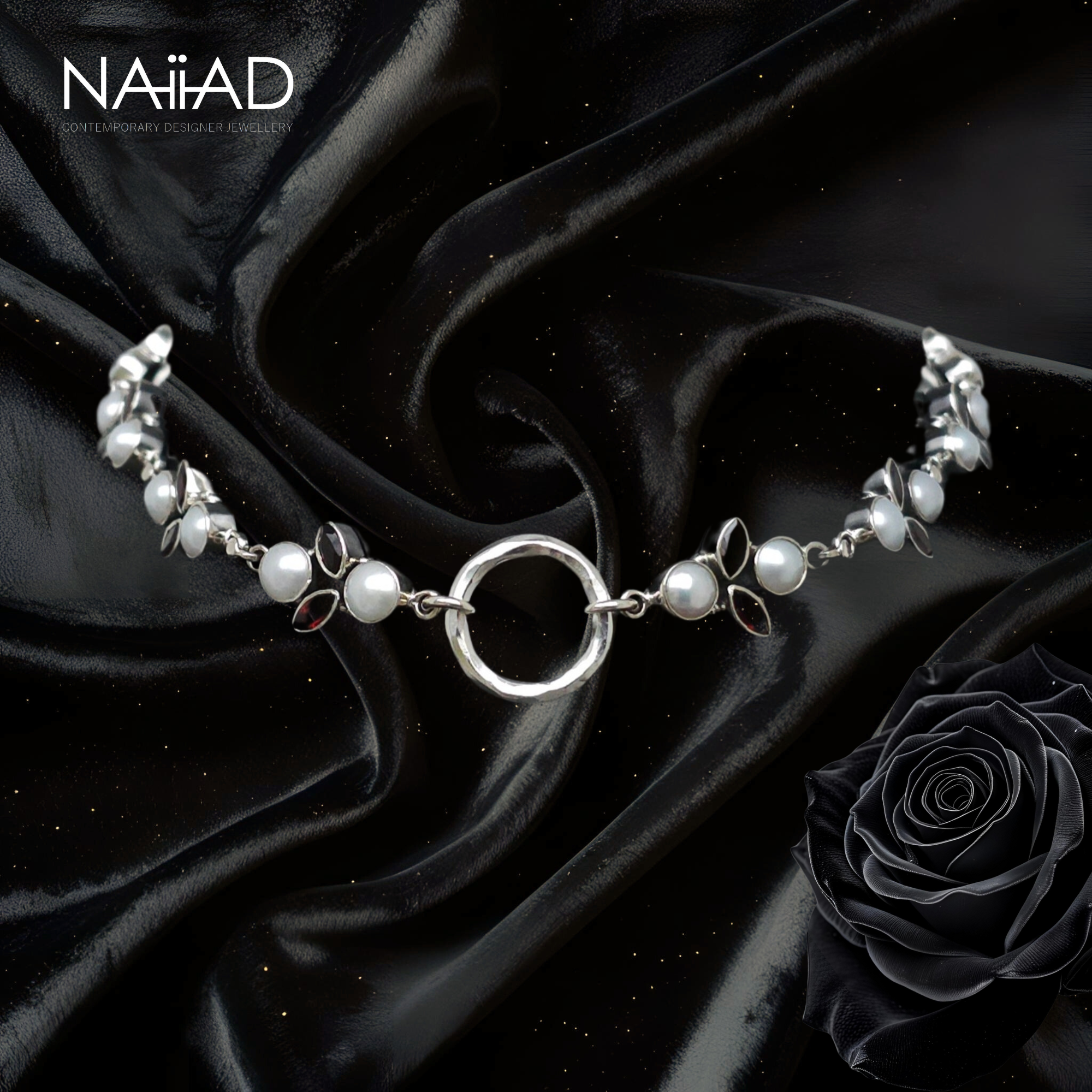 Floral Circle of Life choker ~ Sterling silver, garnet and pearls necklace