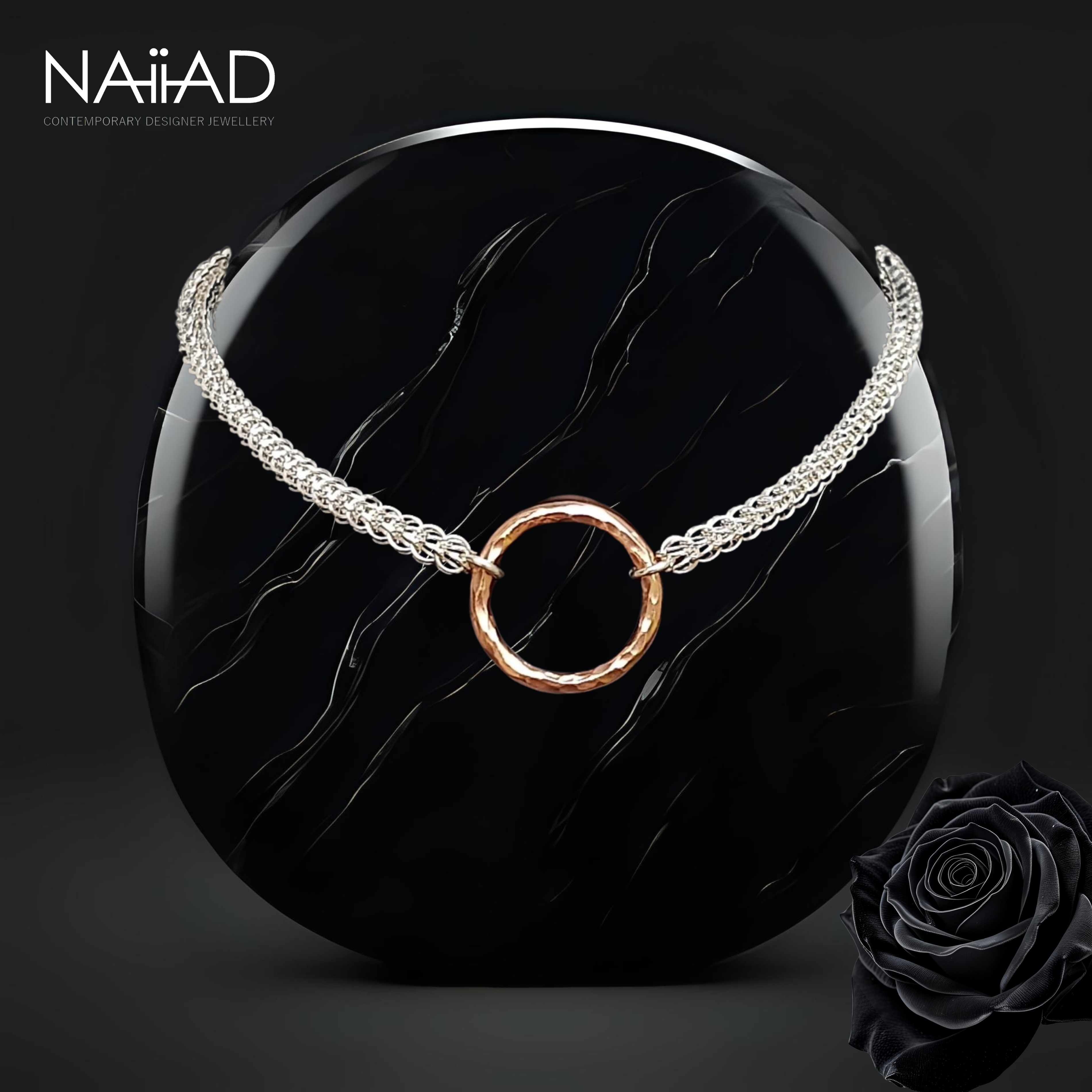 Persian Circle of Life necklace ~ Sterling silver chainmail and large gold-plated circle