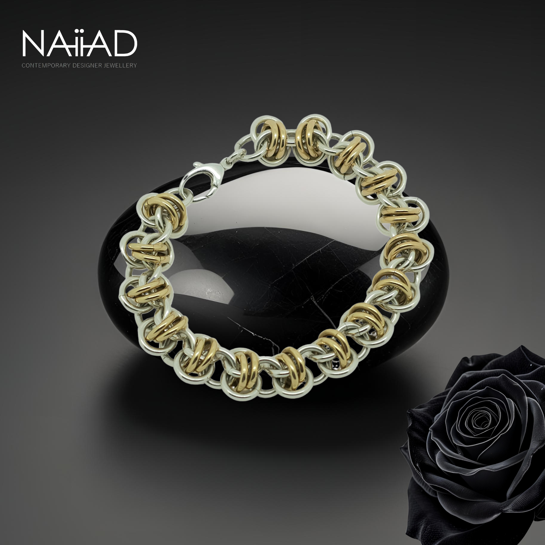 "Gold Orbit" bracelet ~ Argentium silver and Gold filled statement bracelet