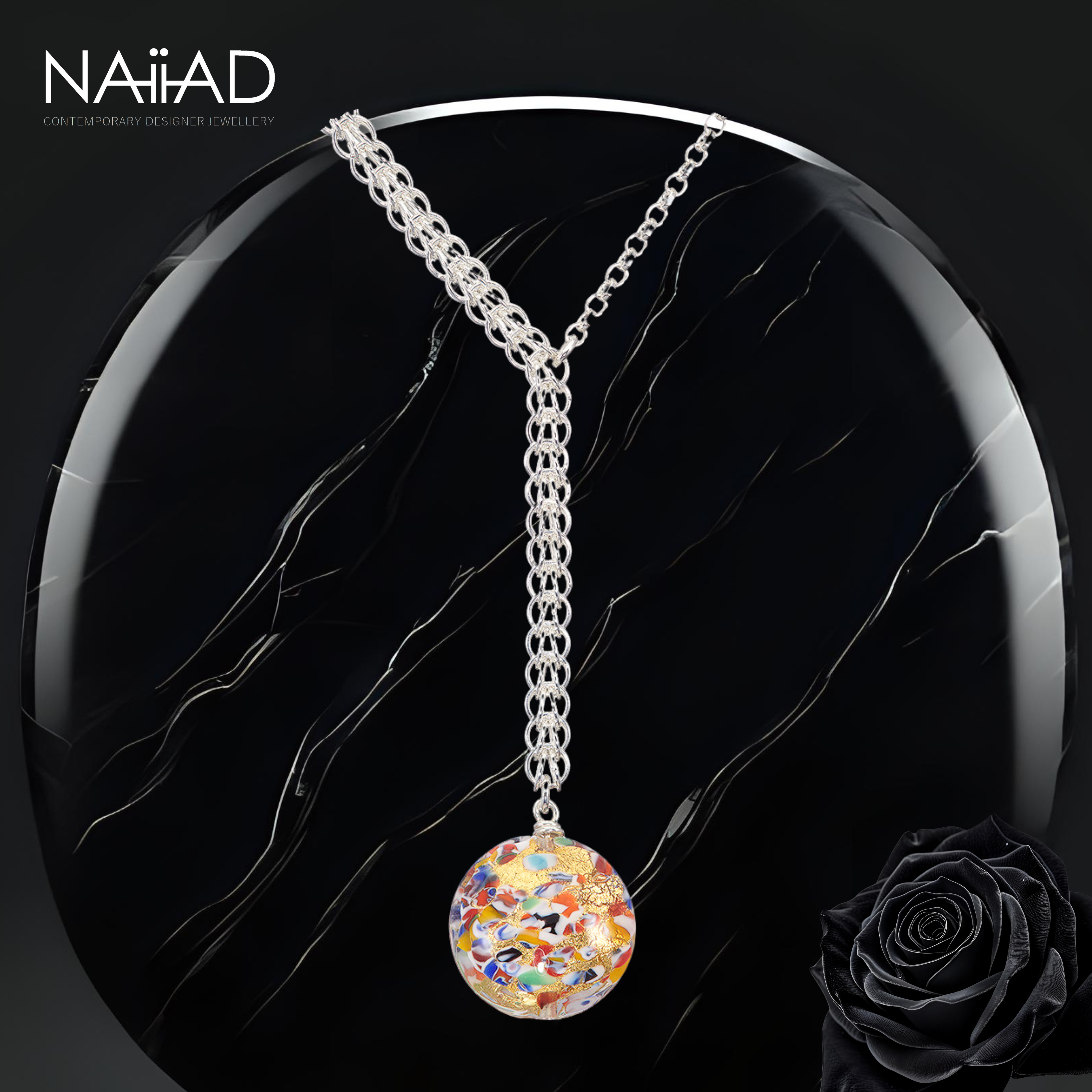 Gala Gold Persian Necklace - sterling silver chainmail and Murano glass