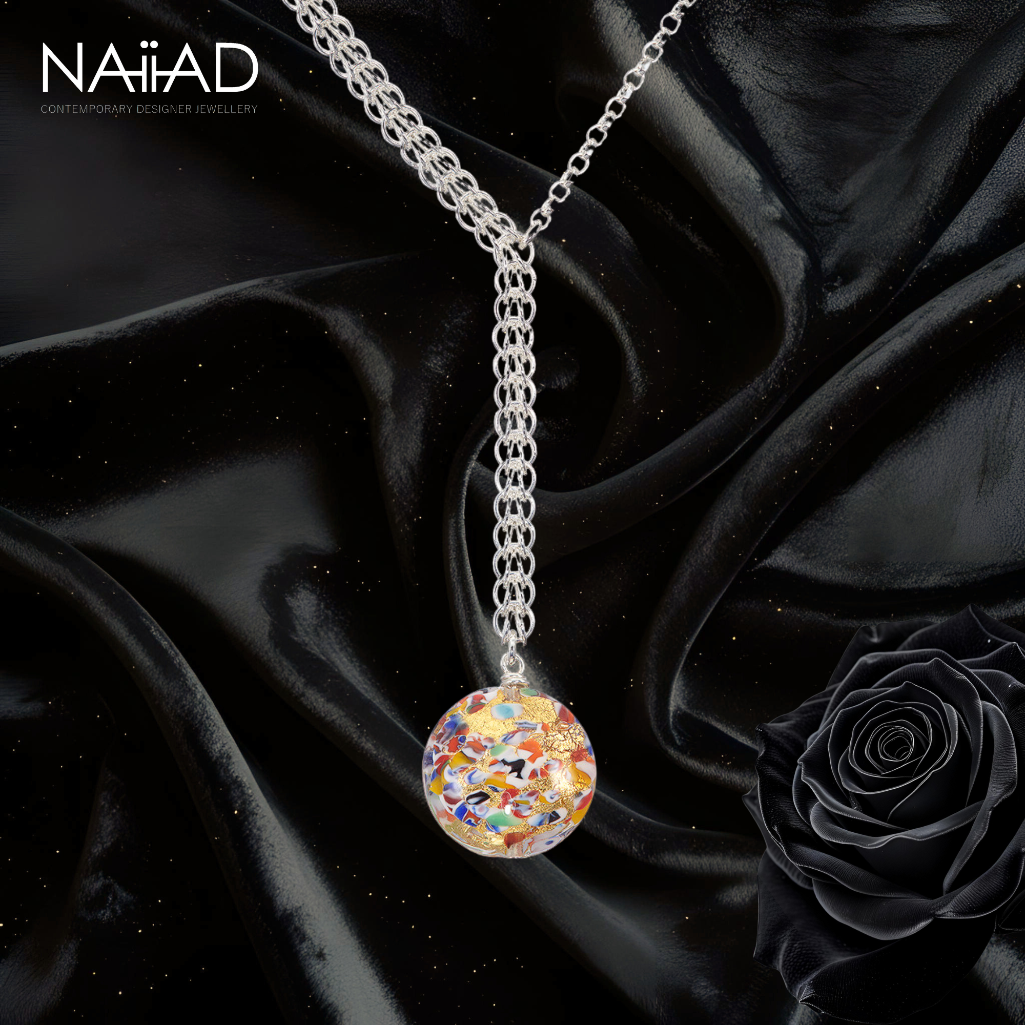 Gala Gold Persian Necklace - sterling silver chainmail and Murano glass