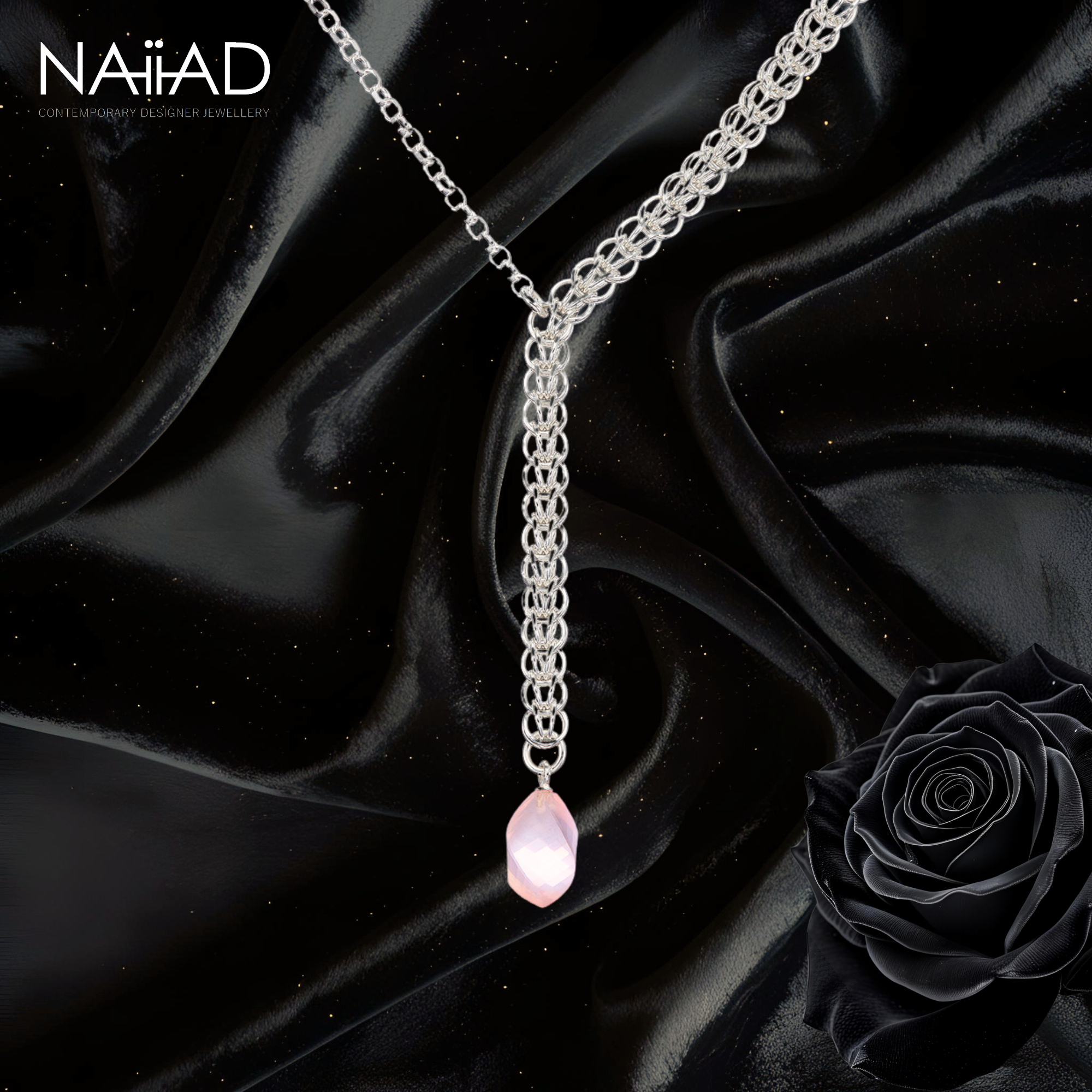 Rose Dew Persian Necklace - sterling silver chainmail and rose quartz drop