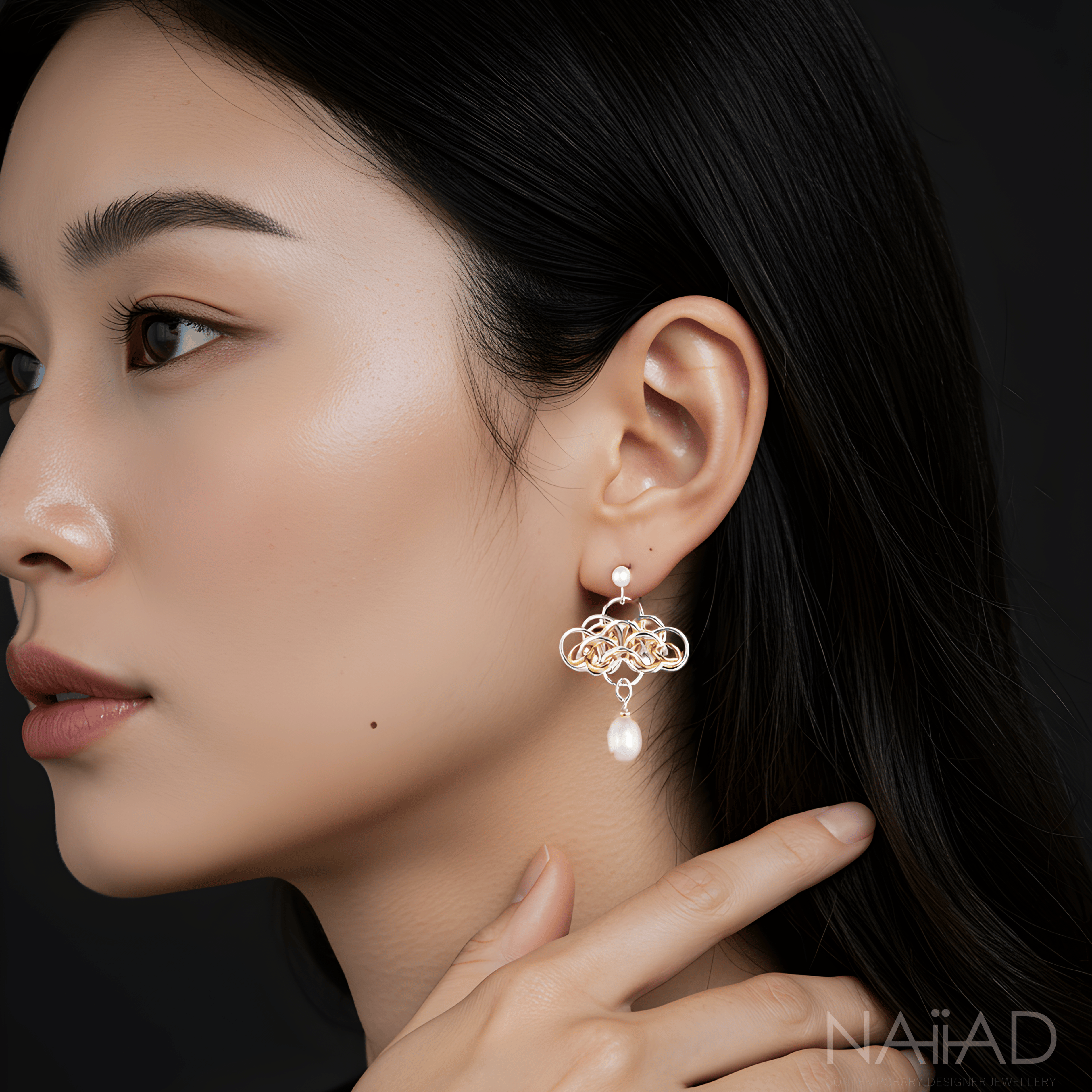 "Nymph Pearl" Argentium silver and gold filled chainmail necklace