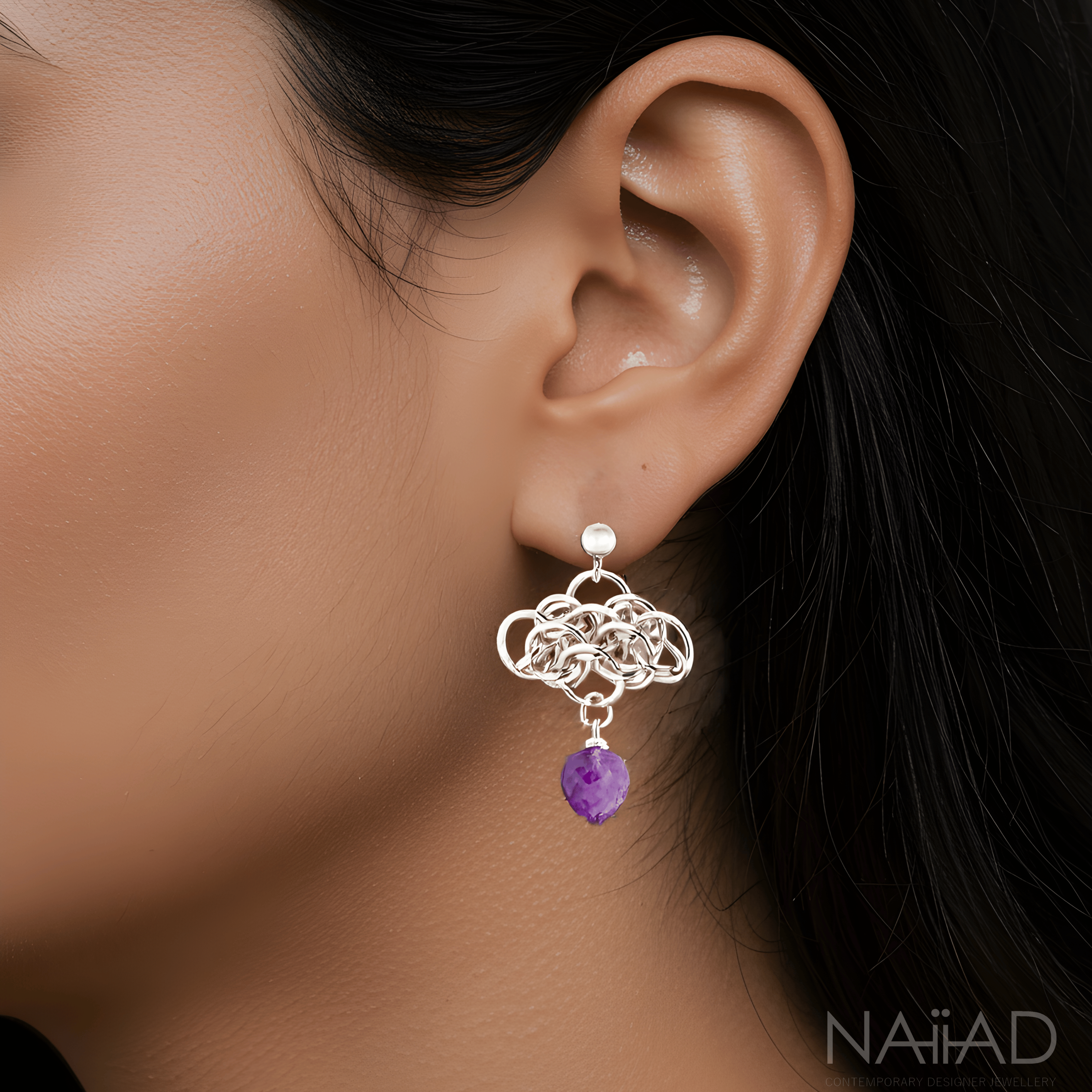 "Nymph Amethyst" Argentium silver and amethyst chainmail earrings