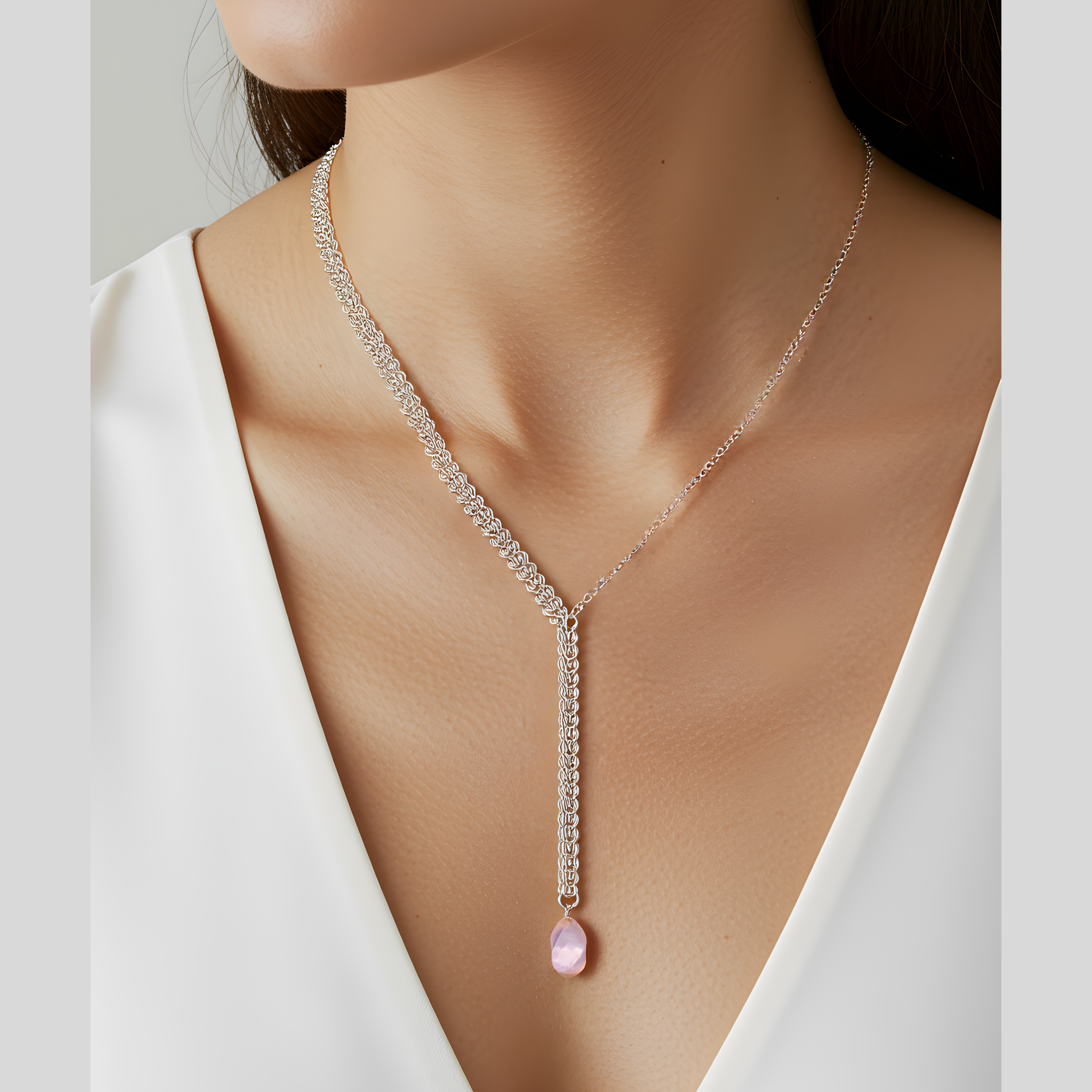 Rose Dew Persian Necklace - sterling silver chainmail and rose quartz drop
