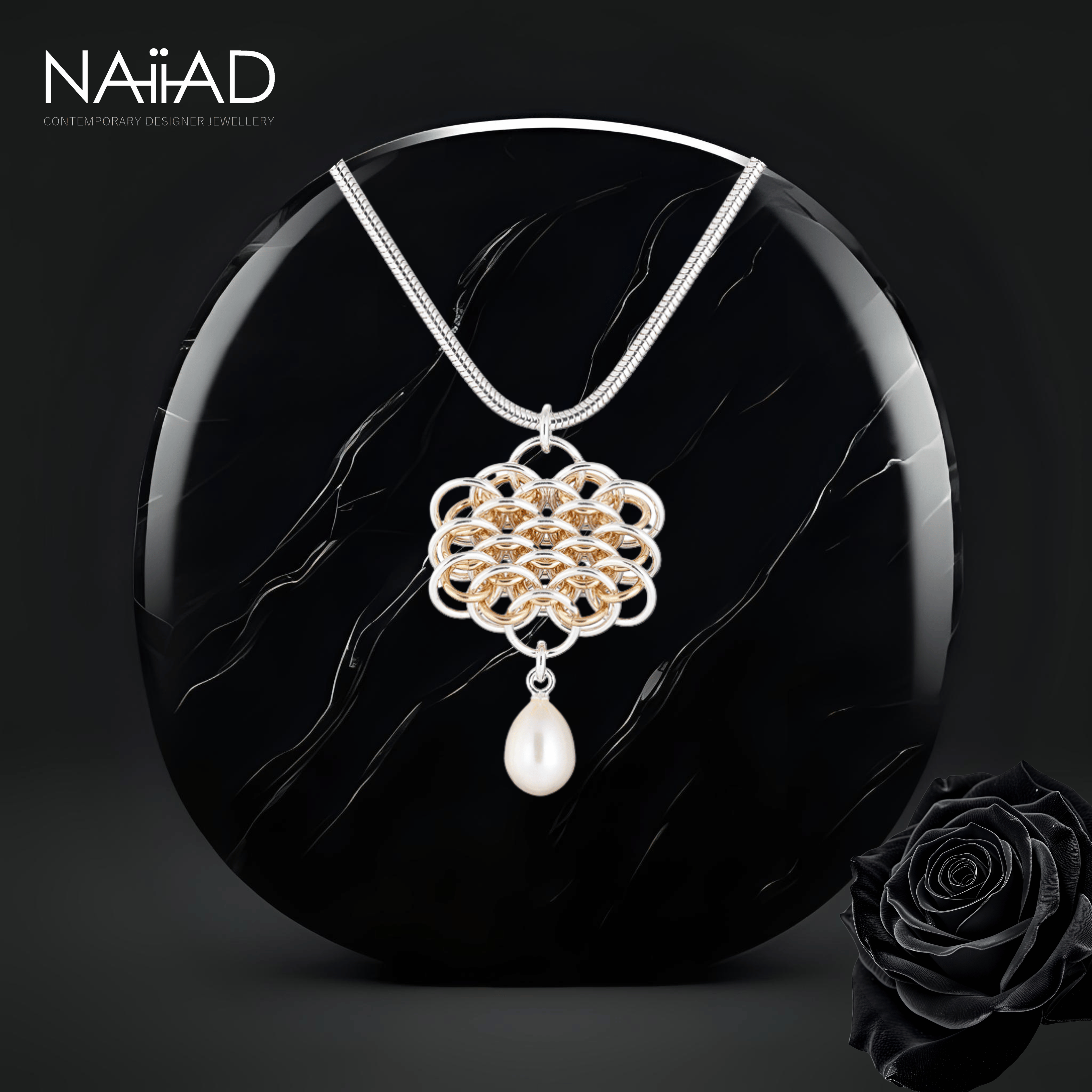 "Nymph Pearl" Argentium silver and gold filled chainmail necklace