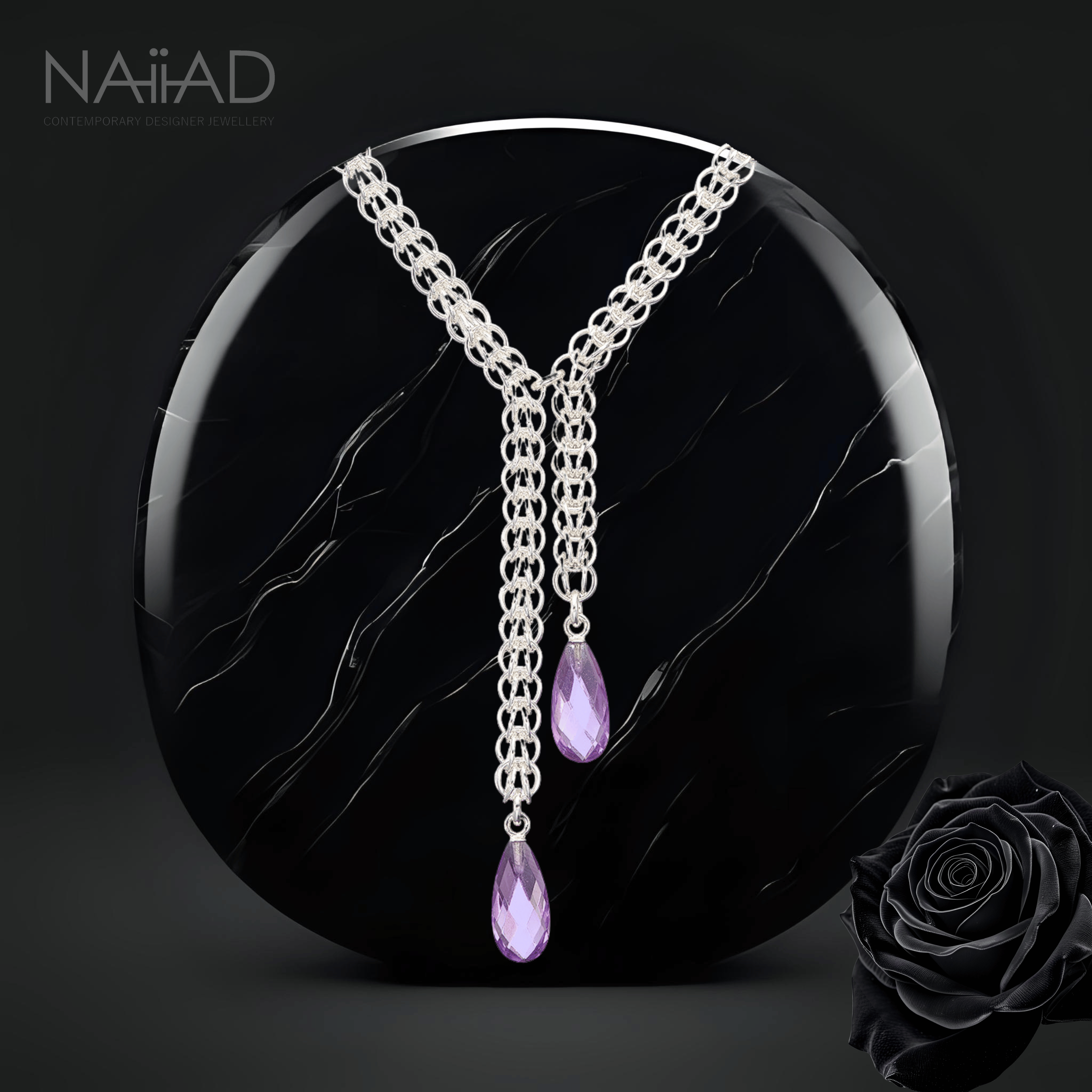 Purple Drops Persian Necklace - Sterling silver chainmail and amethyst drops