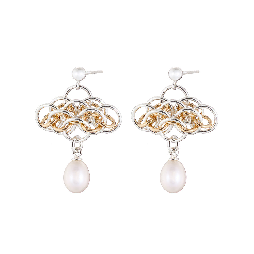 "Nymph Pearl" Argentium silver and gold filled chainmail earrings