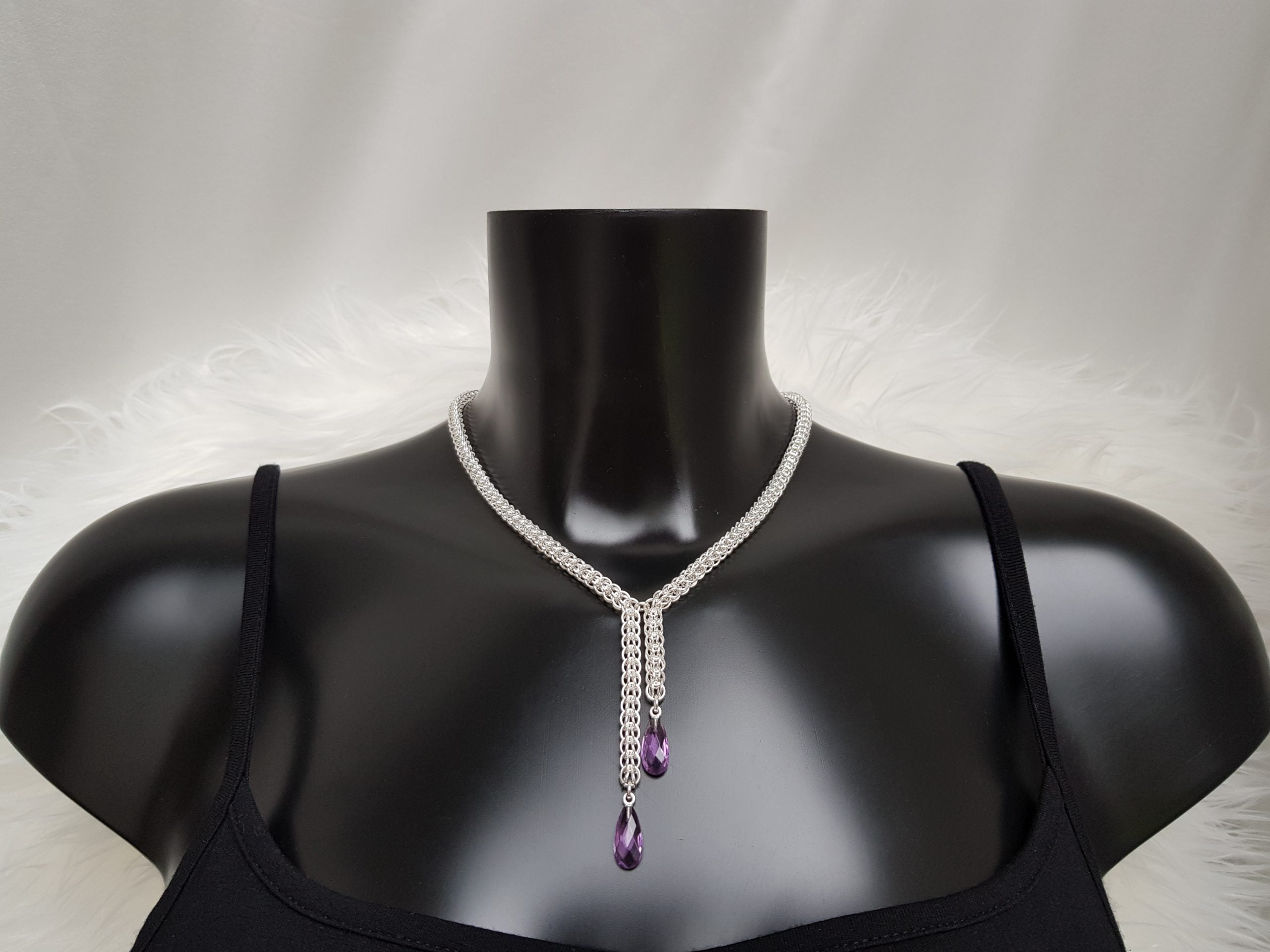 Purple Drops Persian Necklace - Sterling silver chainmail and amethyst drops