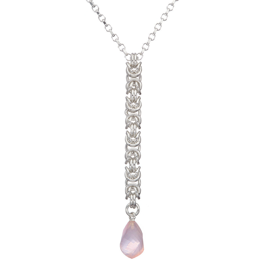 Rose Dew Byzantine Necklace - sterling silver chainmail and rose quartz drop