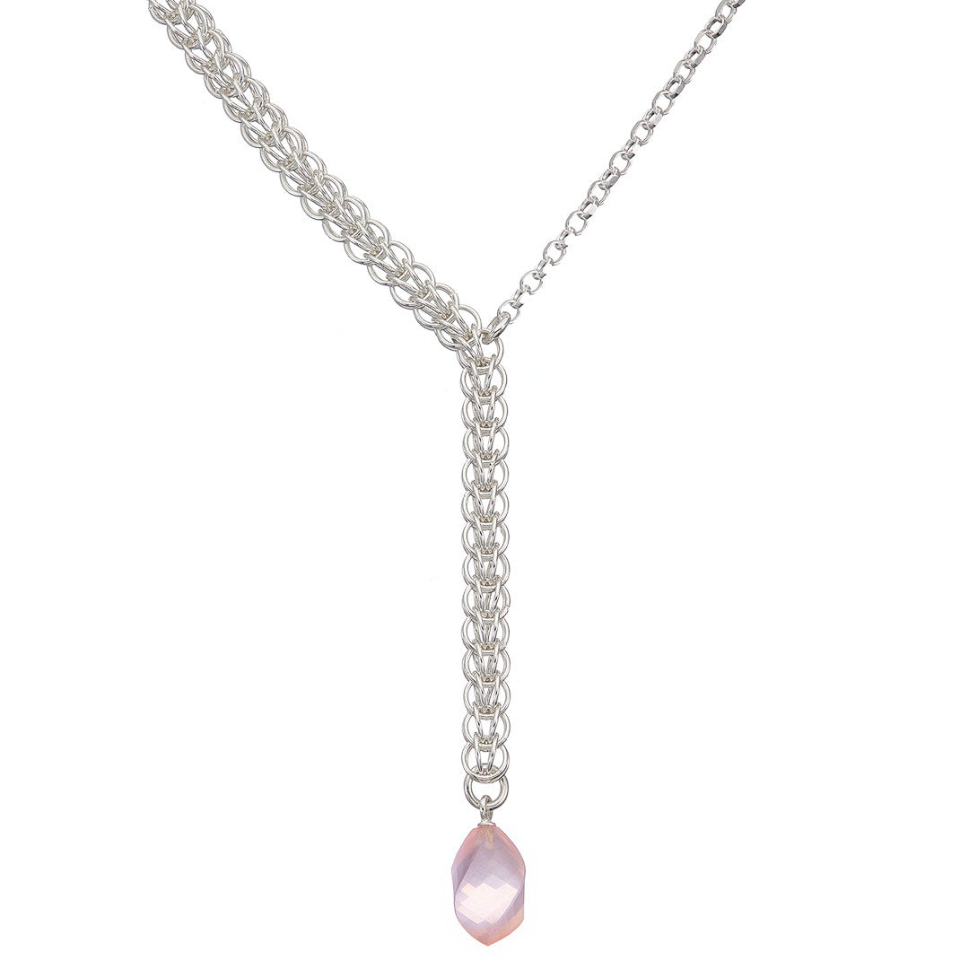 Rose Dew Persian Necklace - sterling silver chainmail and rose quartz drop