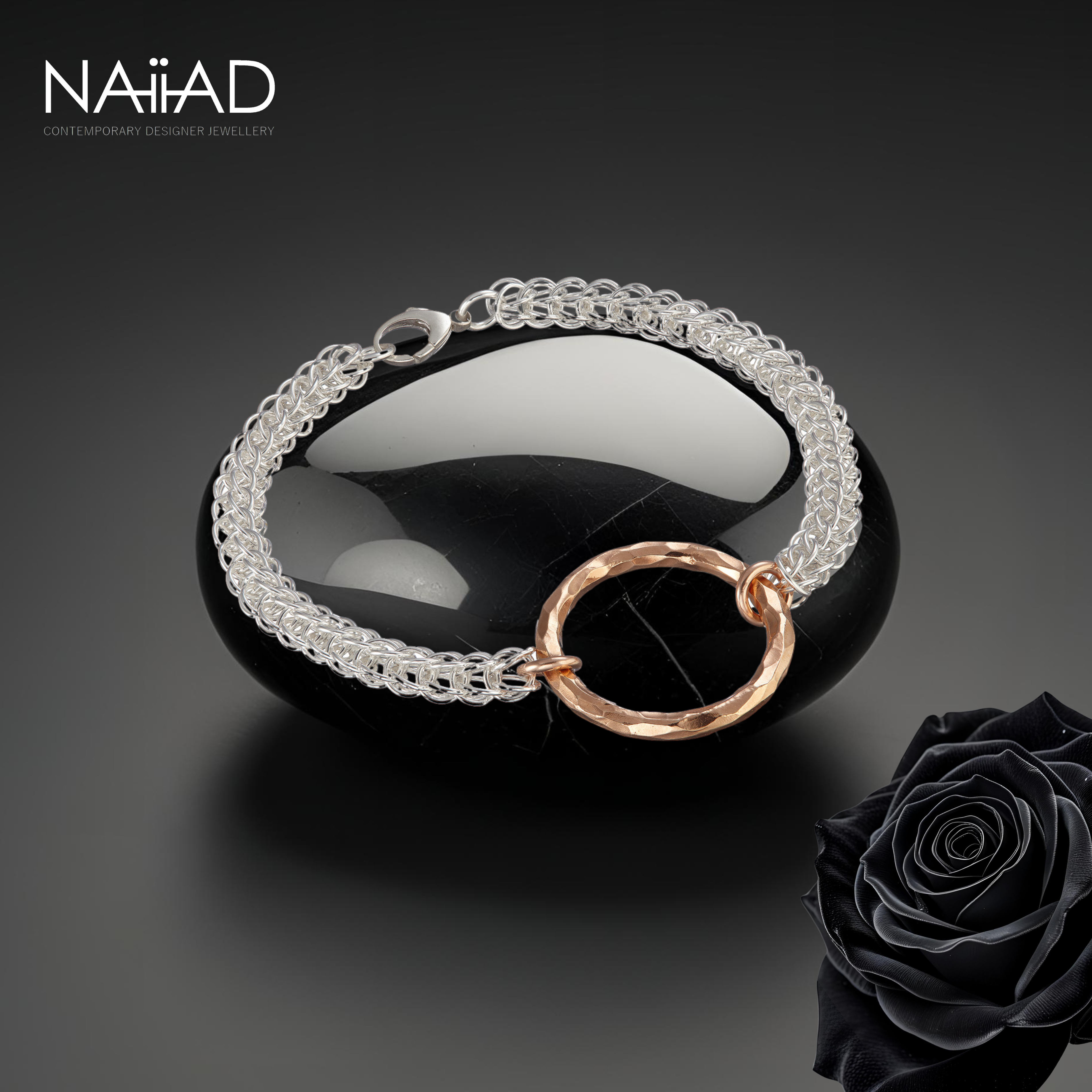 "Circle of Life Persian bracelet" ~ Sterling silver and large gold-plated circle
