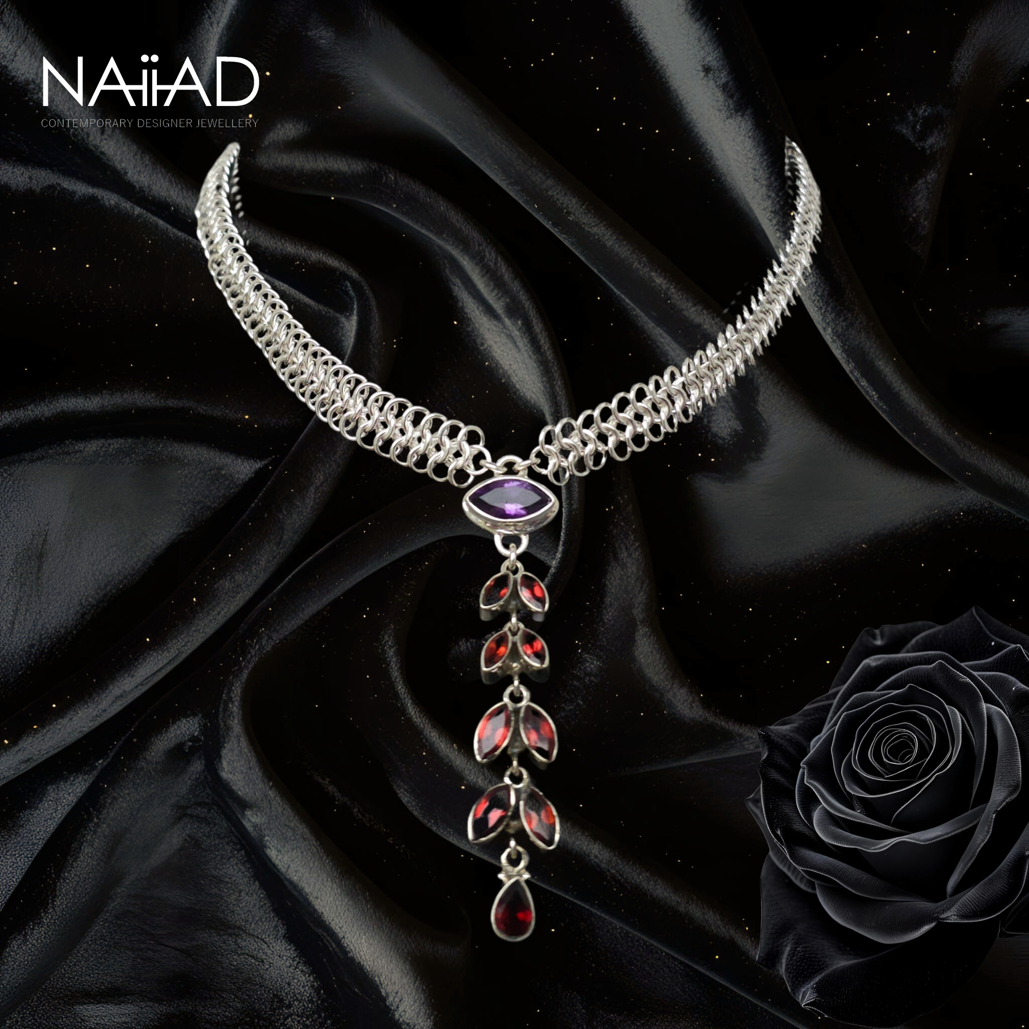 Shimmer Cascade choker ~ Silver, amethyst and garnet chainmail necklace
