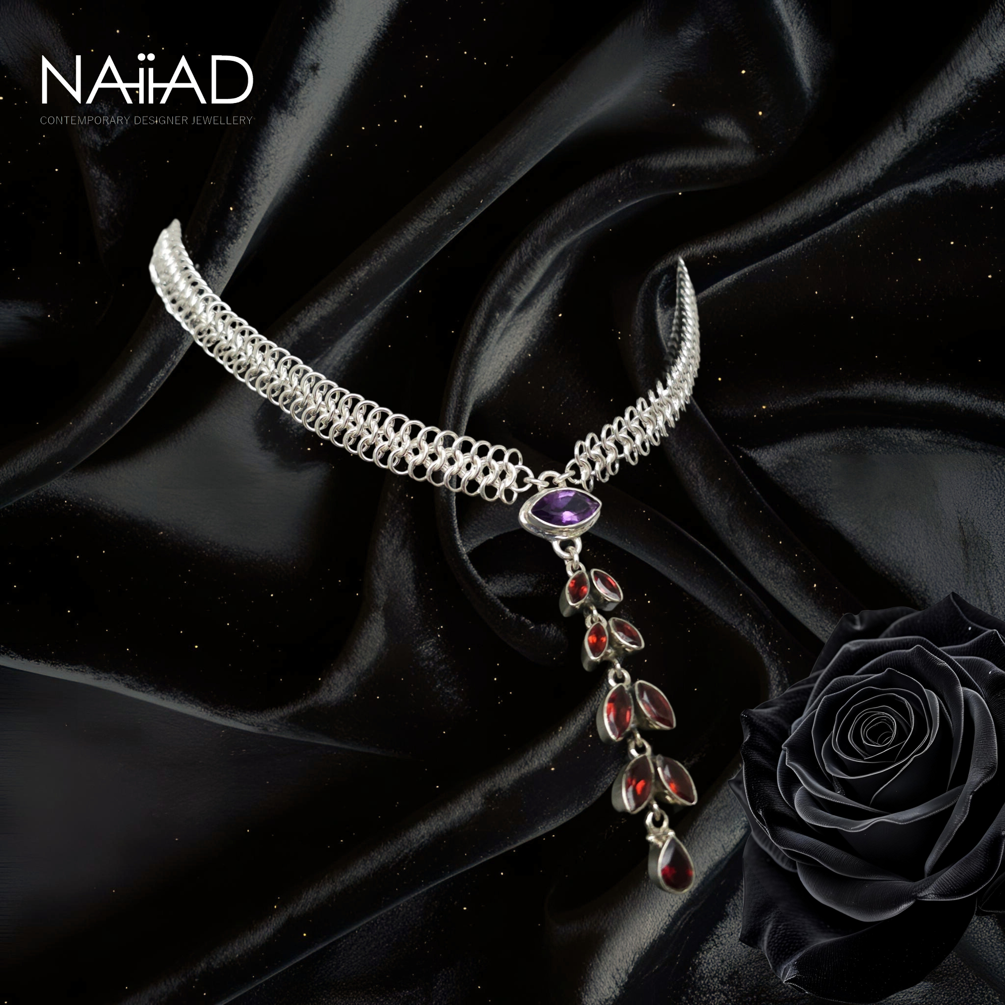 Shimmer Cascade choker ~ Silver, amethyst and garnet chainmail necklace