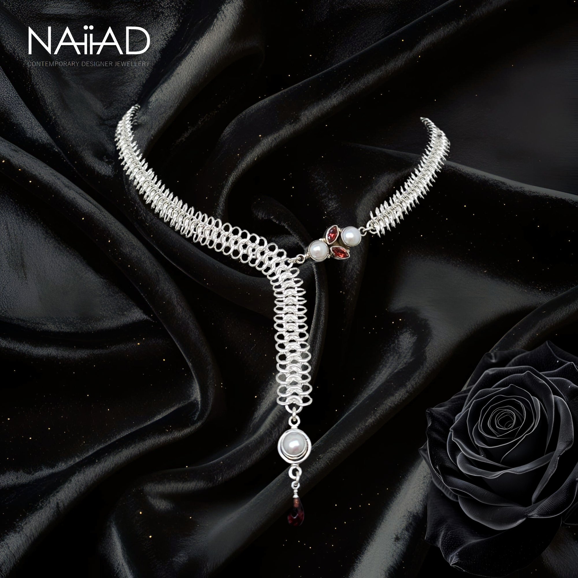 Floral Shimmer necklace. sterling silver garnet & pearl chainmail necklace