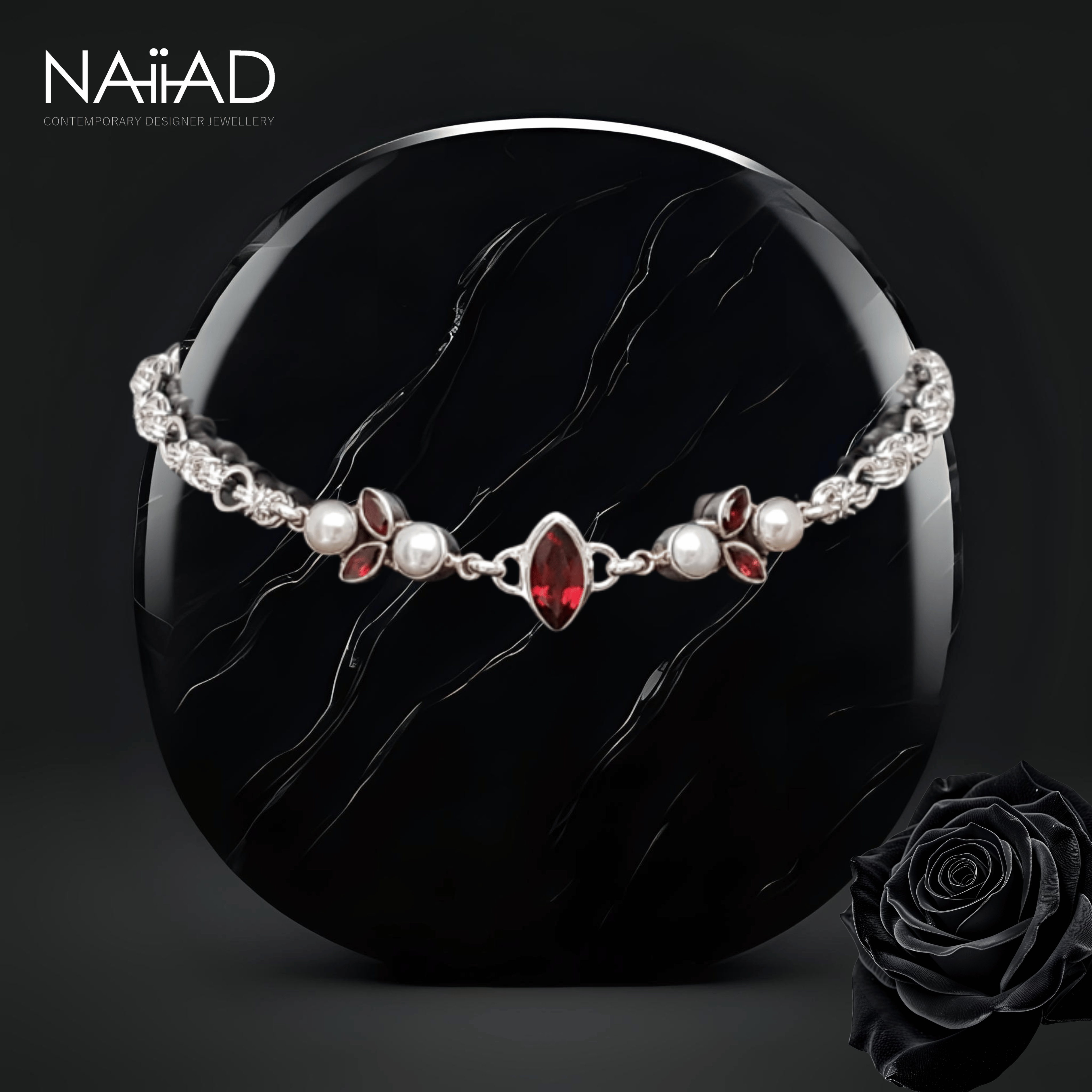 Handmade sterling silver choker necklace with garnet and freshwater pearls. Customisable silver jewellery for the bride and mother of the bride