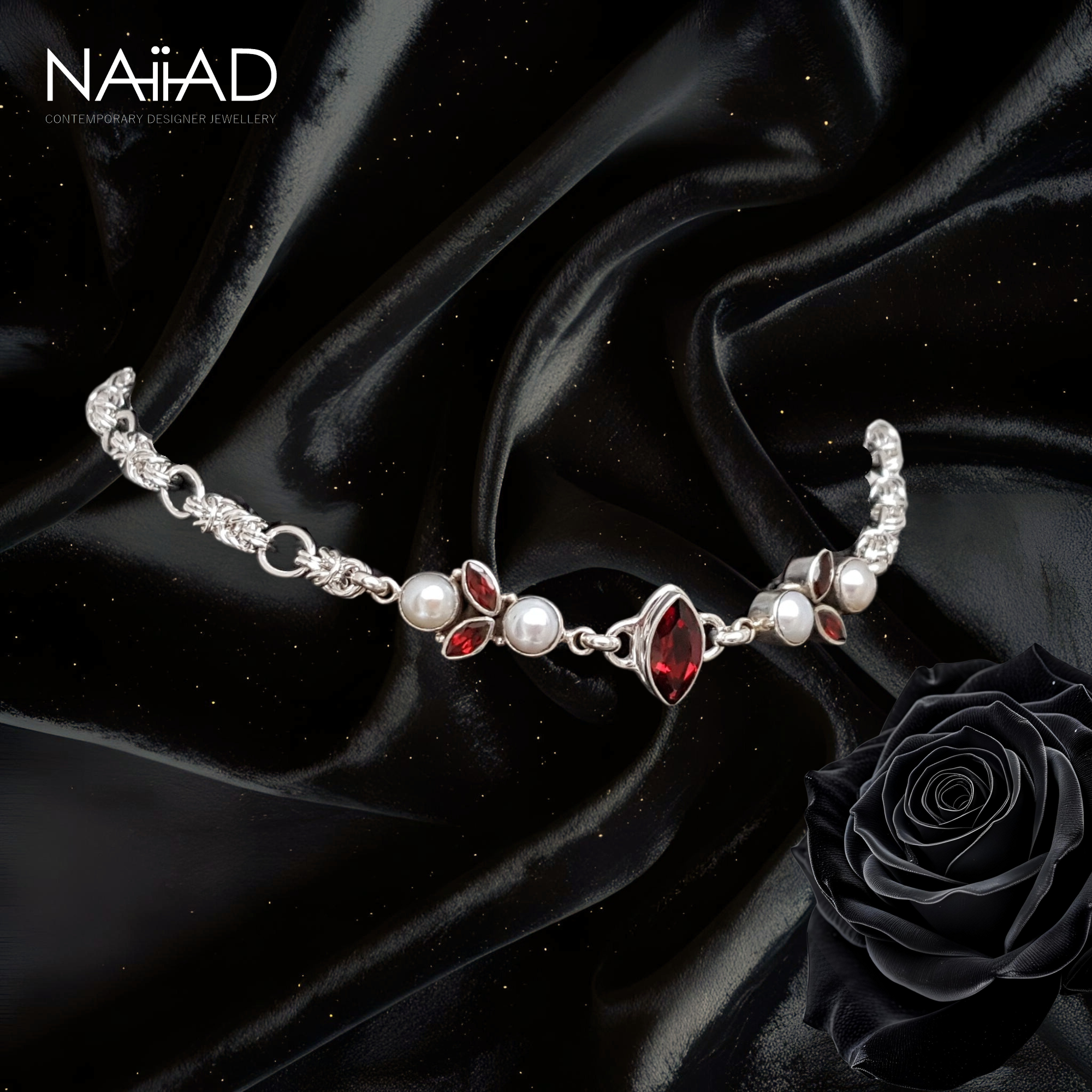 Handmade sterling silver choker necklace with garnet and freshwater pearls. Customisable silver jewellery for the bride and mother of the bride