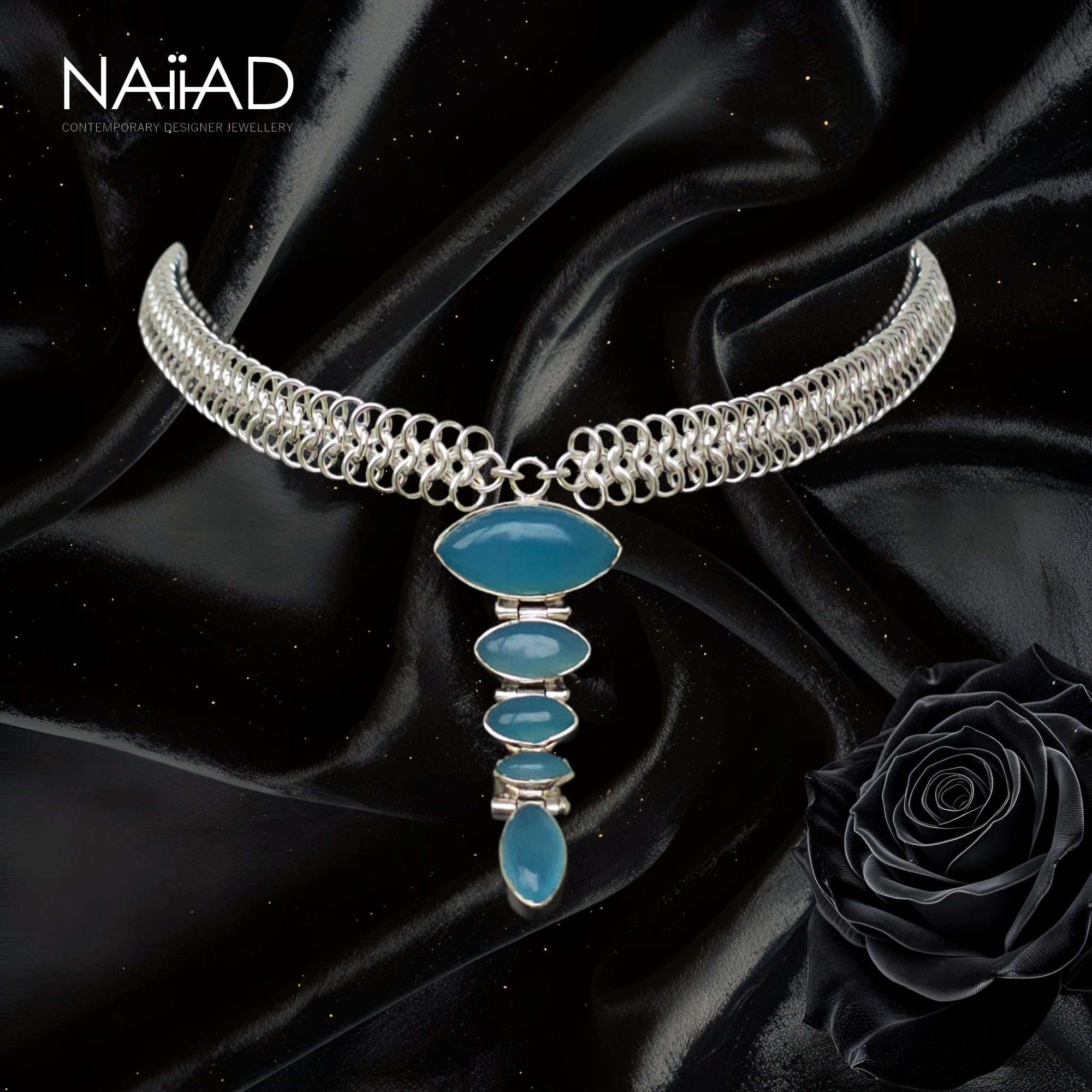 Sea Shimmer choker ~ Sterling silver and blue chalcedony chainmail necklace