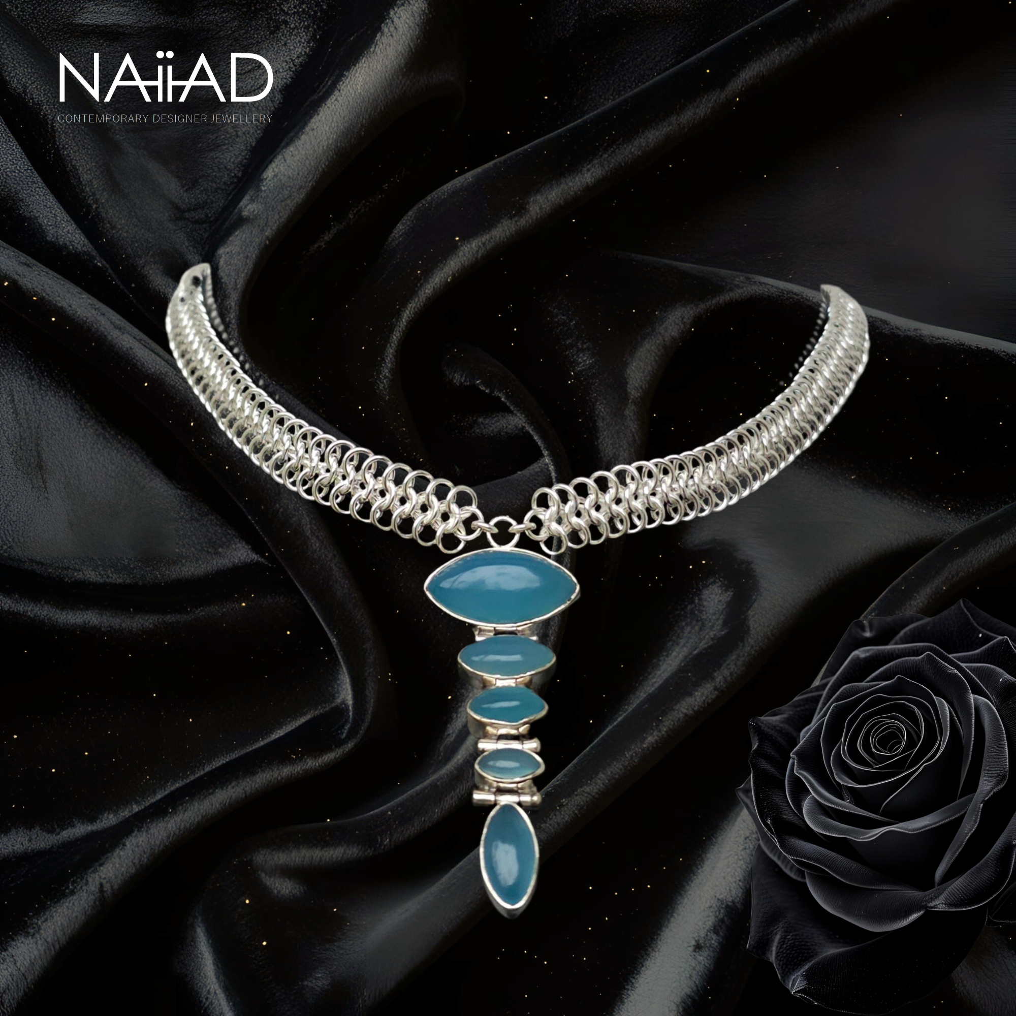 Sea Shimmer choker ~ Sterling silver and blue chalcedony chainmail necklace