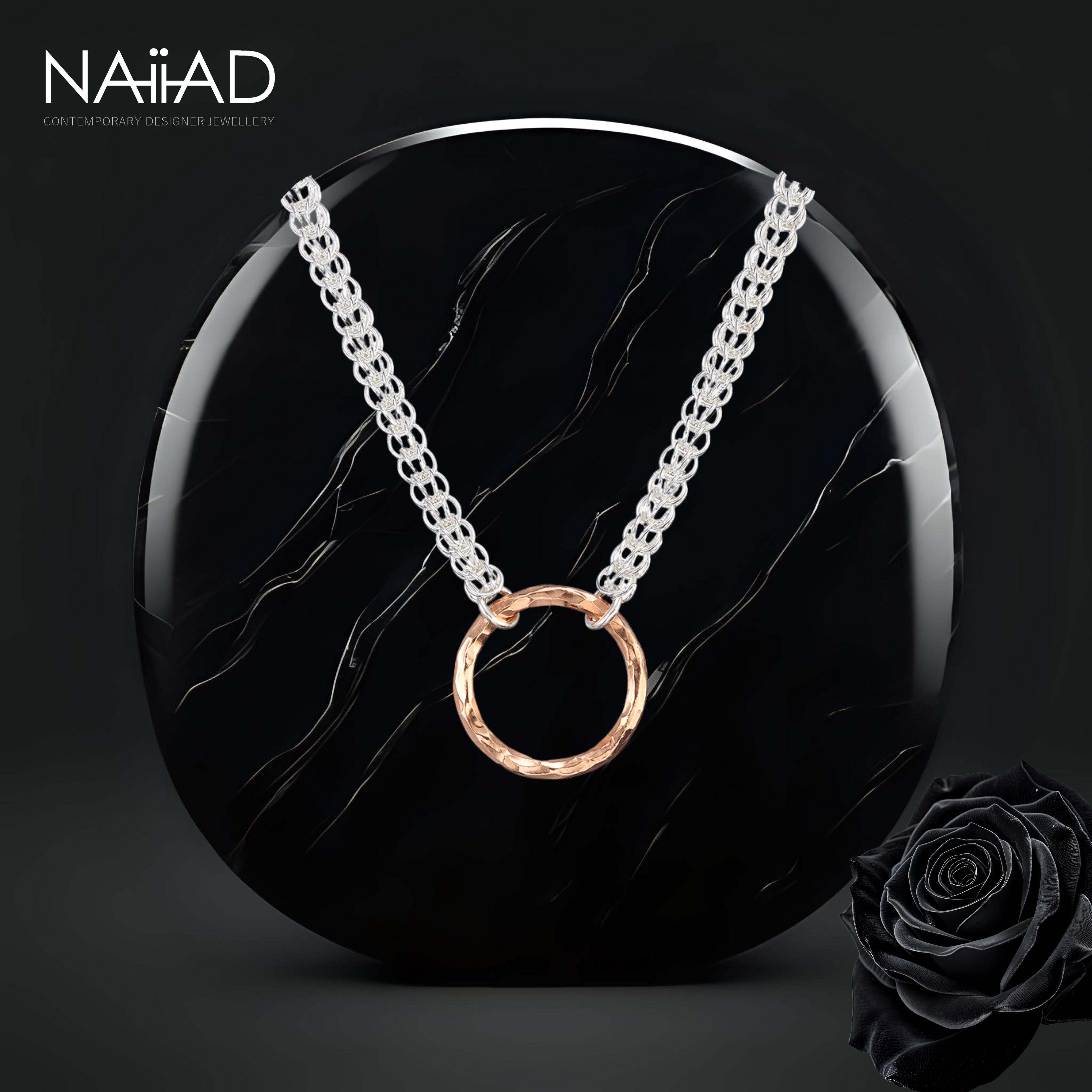 Persian Circle of Life necklace ~ Sterling silver chainmail and large gold-plated circle