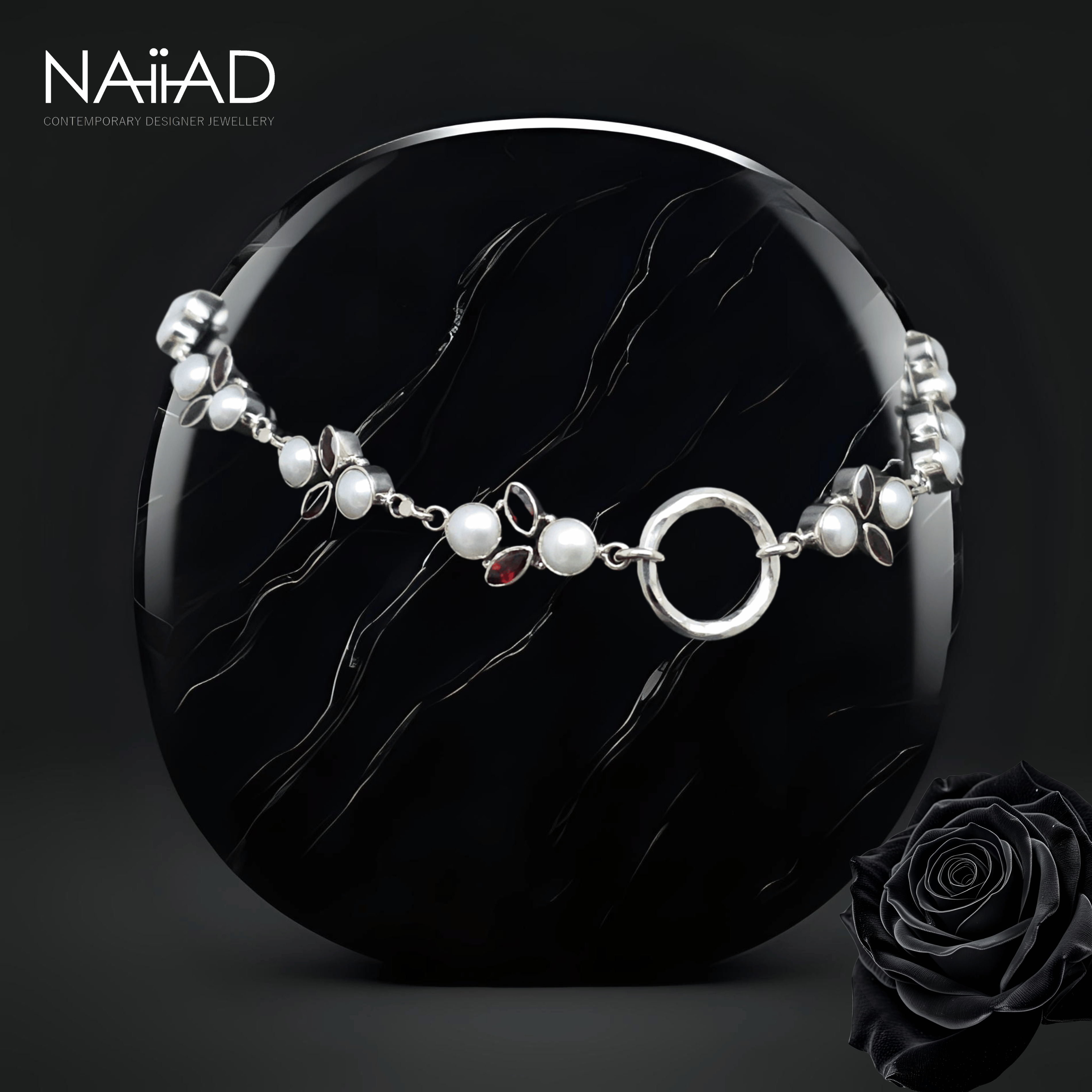 Floral Circle of Life choker ~ Sterling silver, garnet and pearls necklace