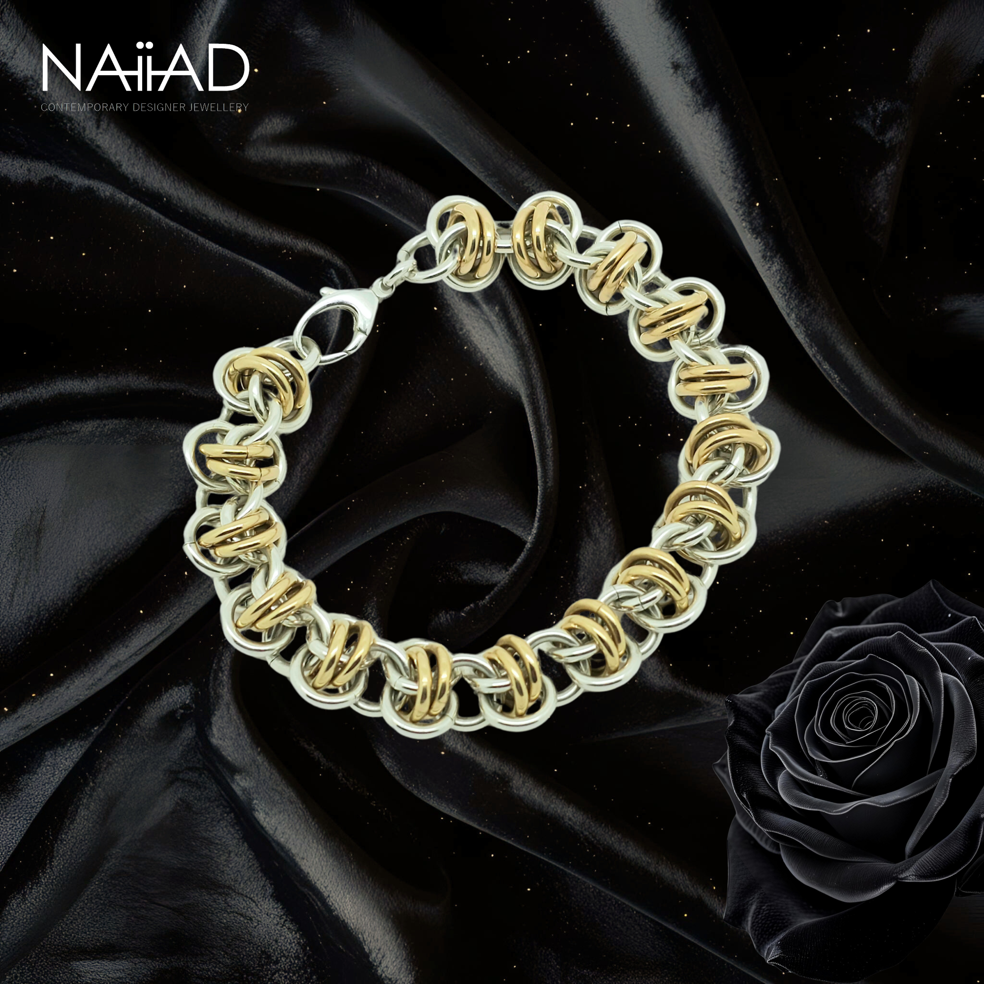 "Gold Orbit" bracelet ~ Argentium silver and Gold filled statement bracelet