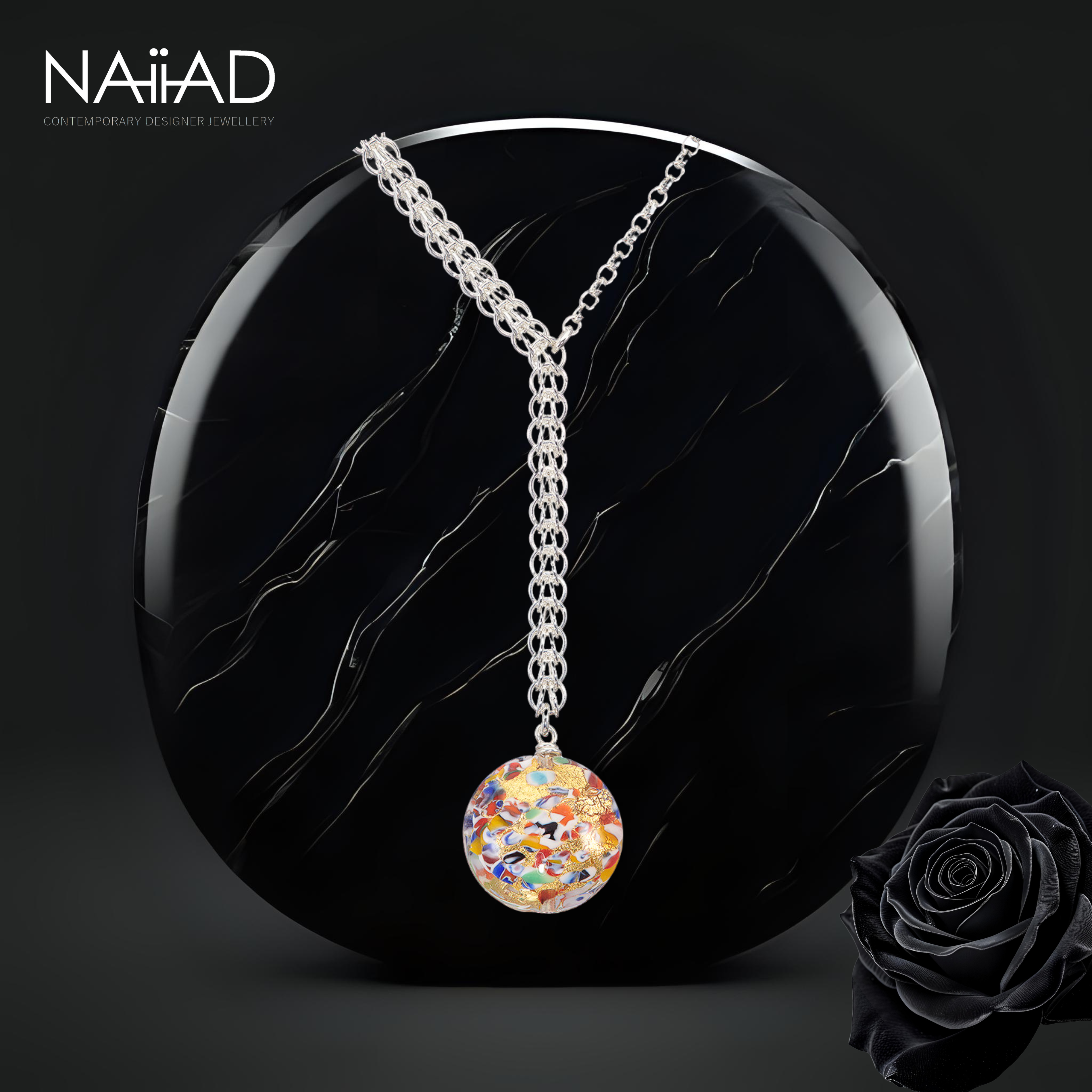 Gala Gold Persian Necklace - sterling silver chainmail and Murano glass