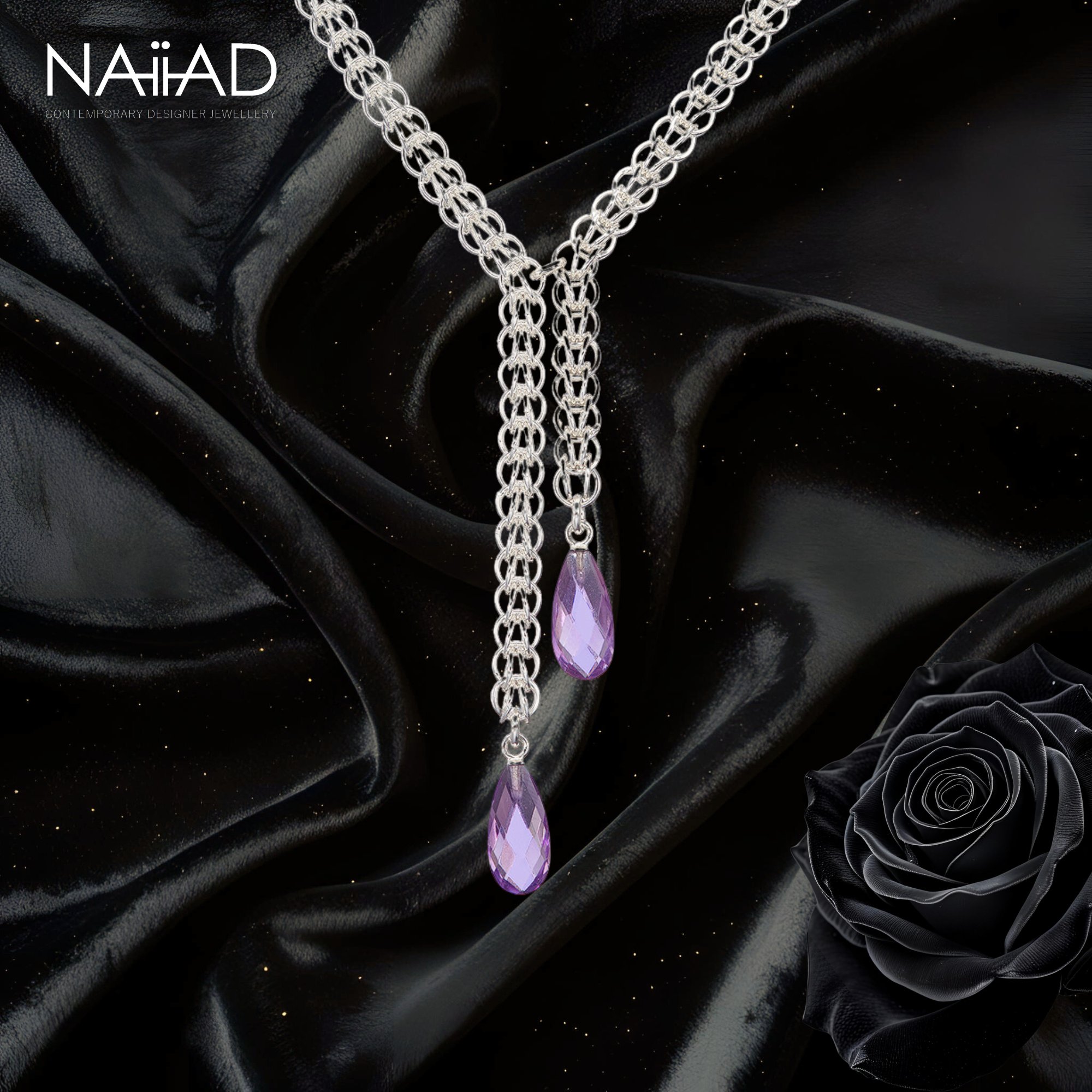 Purple Drops Persian Necklace - Sterling silver chainmail and amethyst drops