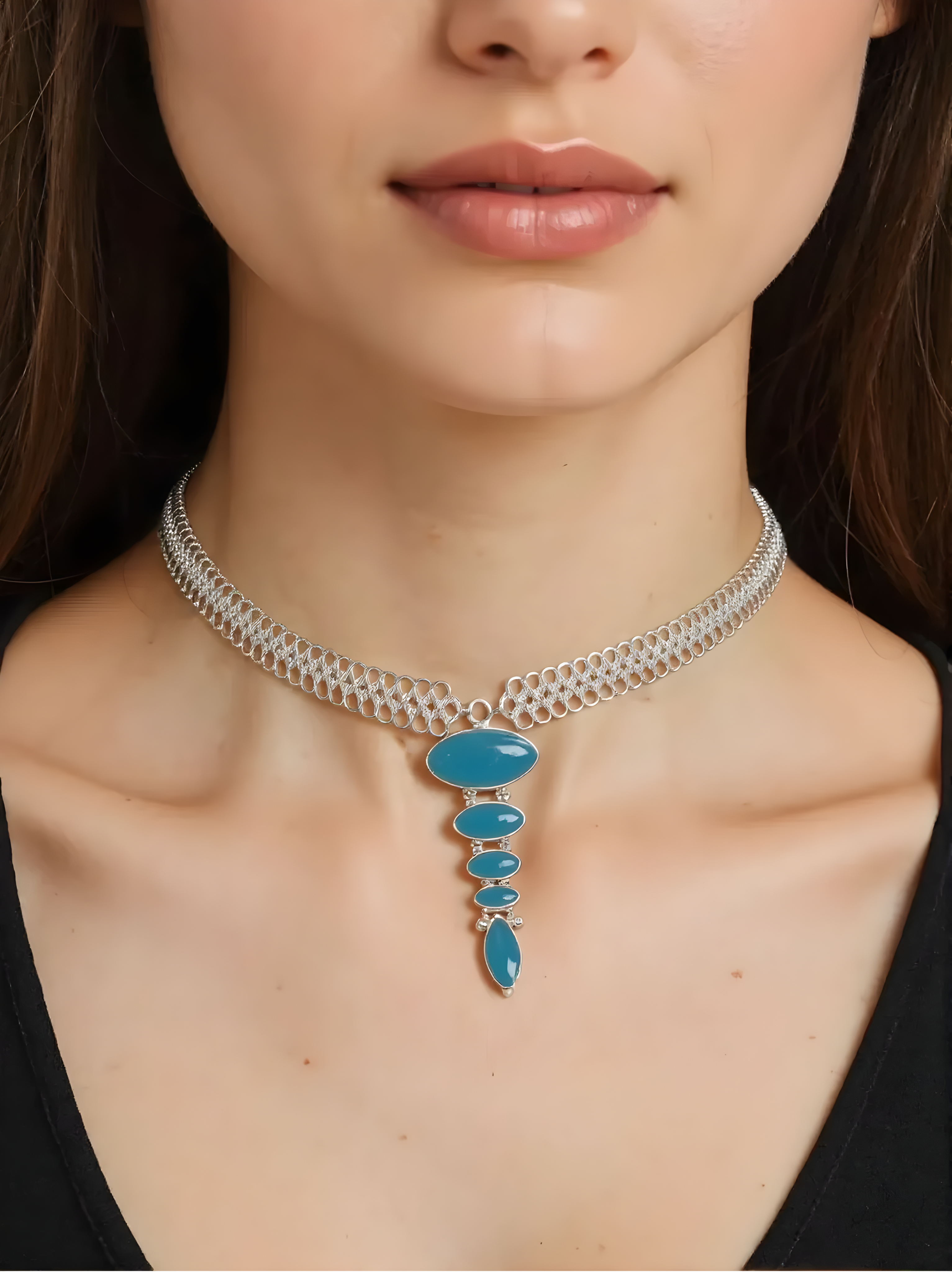 Sea Shimmer choker ~ Sterling silver and blue chalcedony chainmail necklace