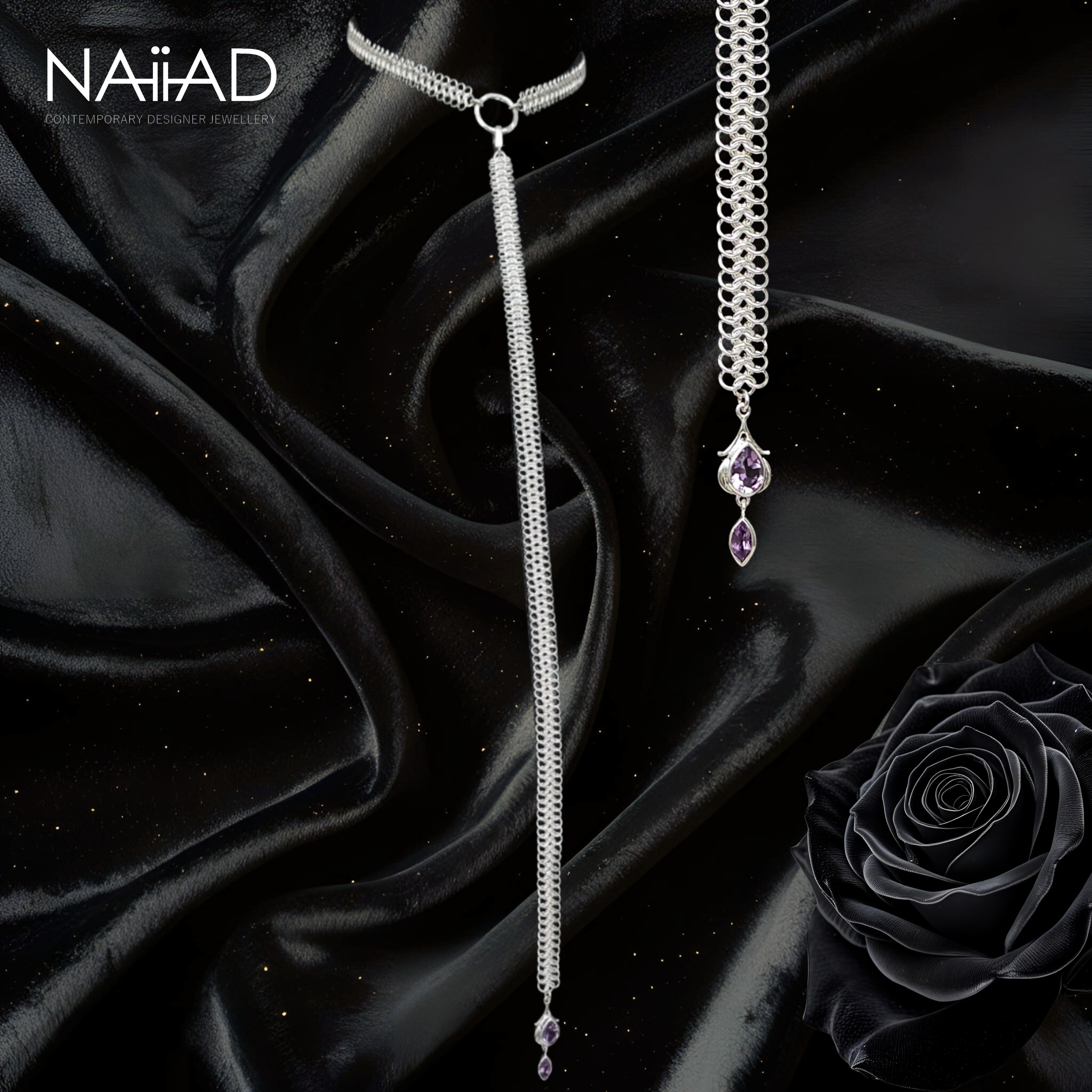 Shimmer Princess Amethyst ~ Sterling silver chainmail and amethyst choker and clip-on chain