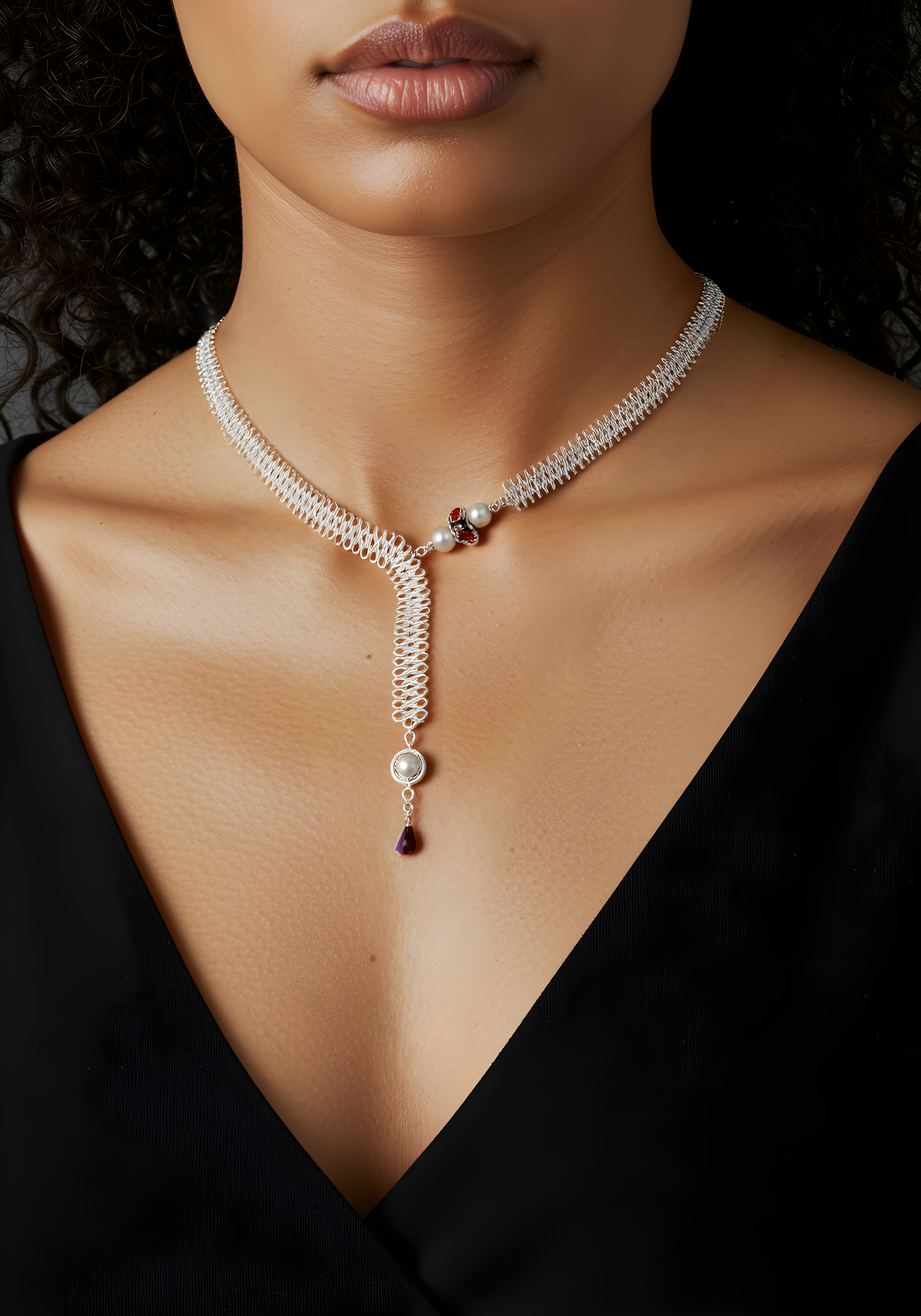 Floral Shimmer necklace. sterling silver garnet & pearl chainmail necklace