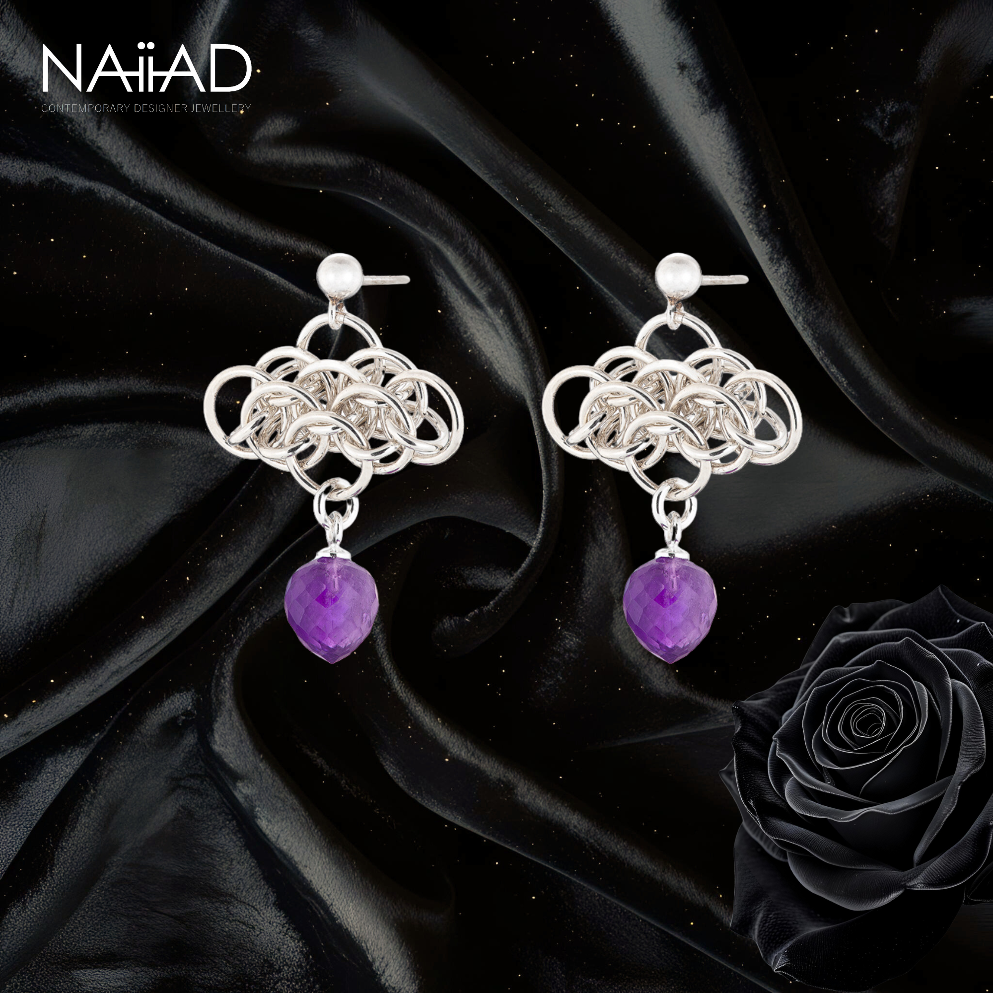 "Nymph Amethyst" Argentium silver and amethyst chainmail earrings