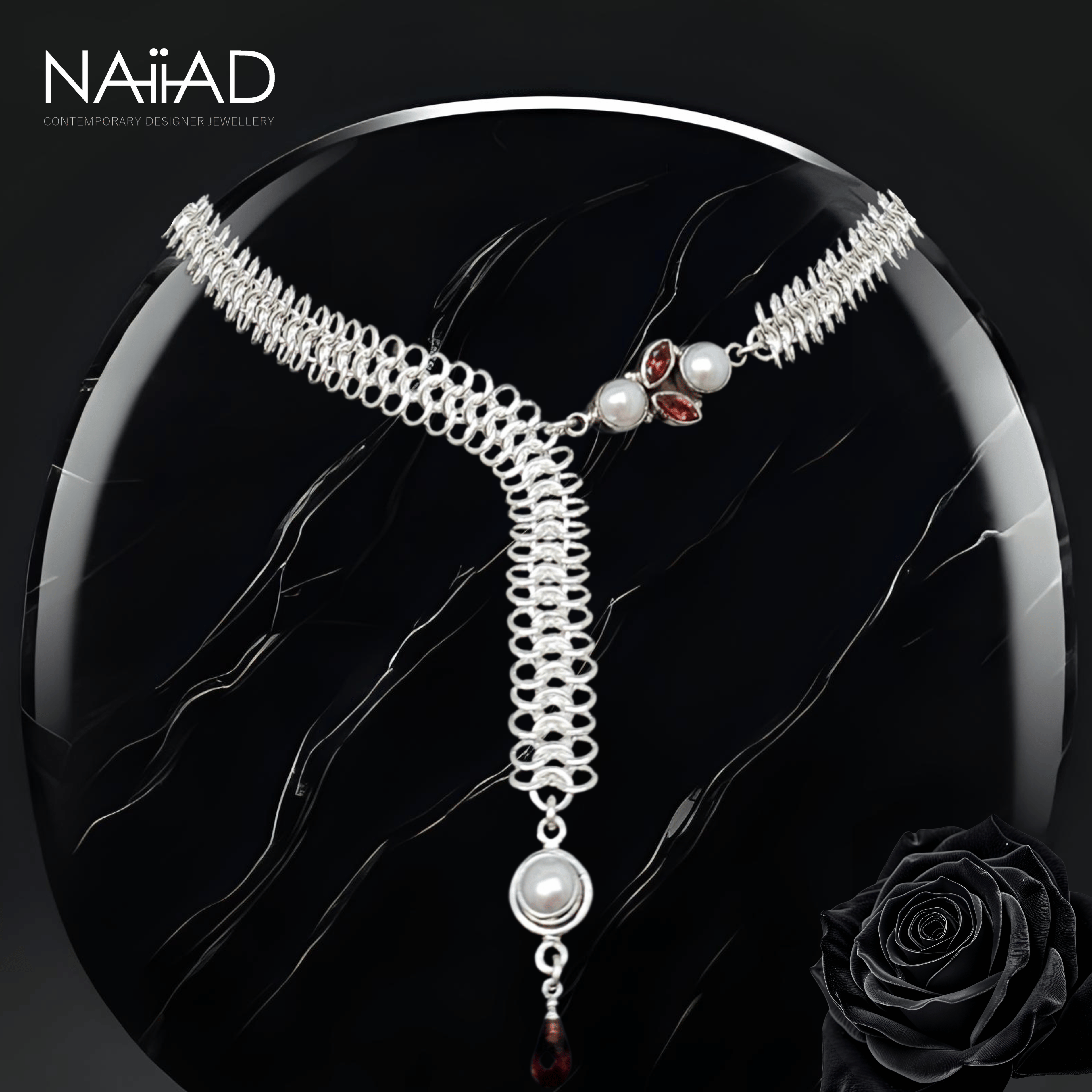 Floral Shimmer necklace. sterling silver garnet & pearl chainmail necklace