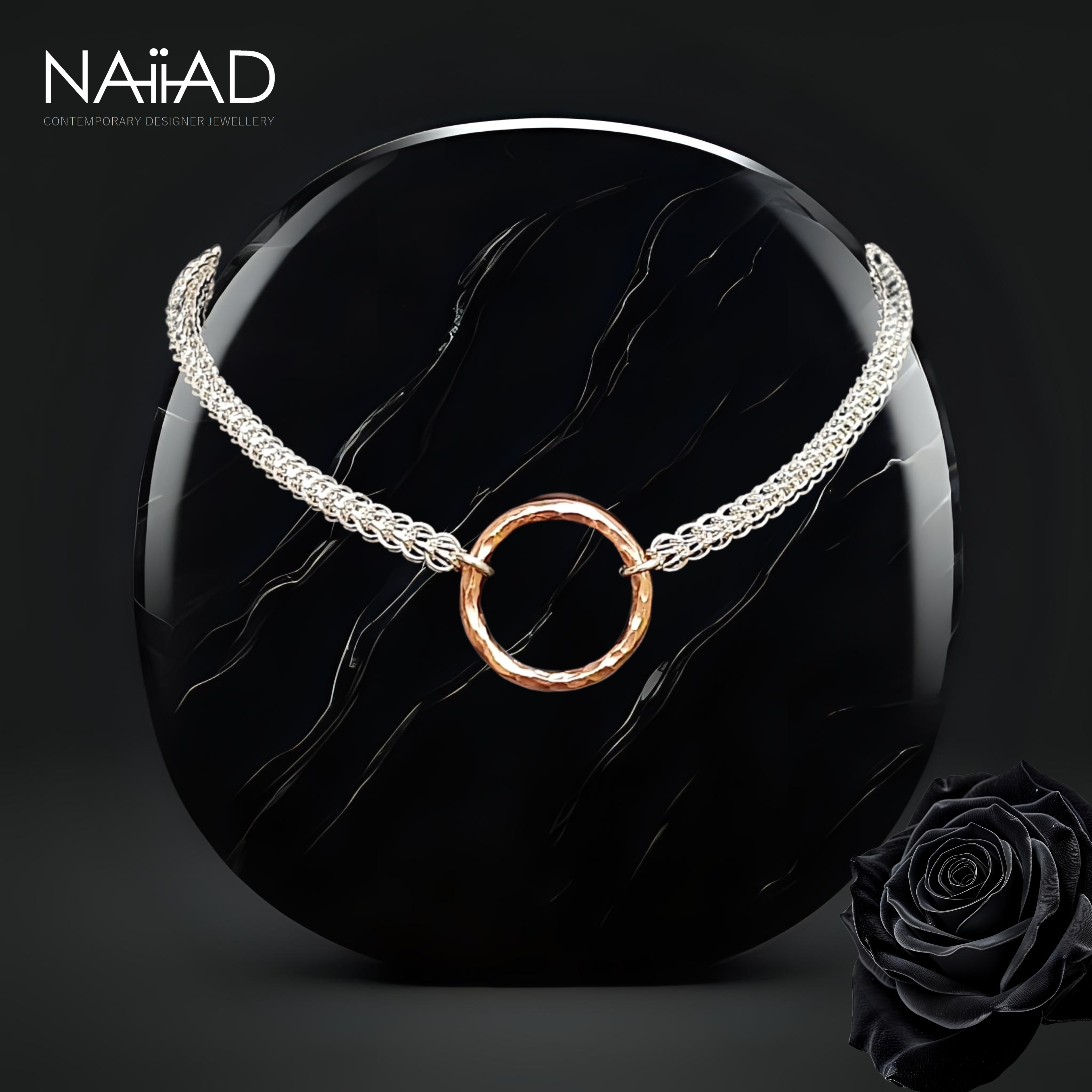 Persian Circle of Life necklace ~ Sterling silver chainmail and large gold-plated circle