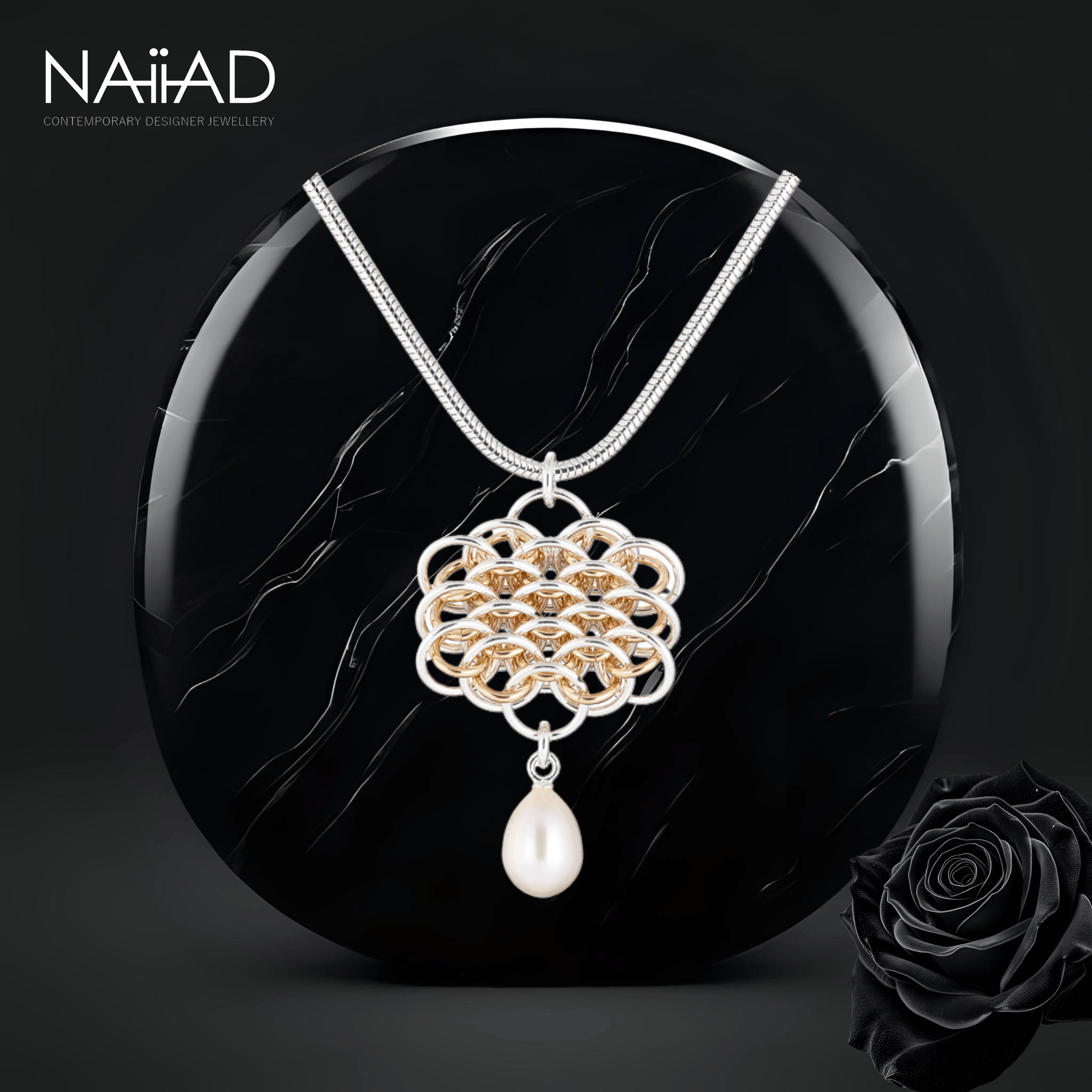 "Nymph Pearl" Argentium silver and gold filled chainmail necklace