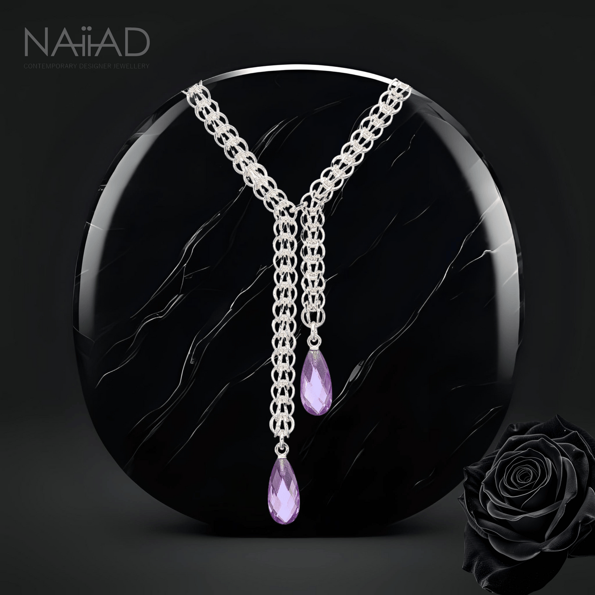 Purple Drops Persian Necklace - Sterling silver chainmail and amethyst