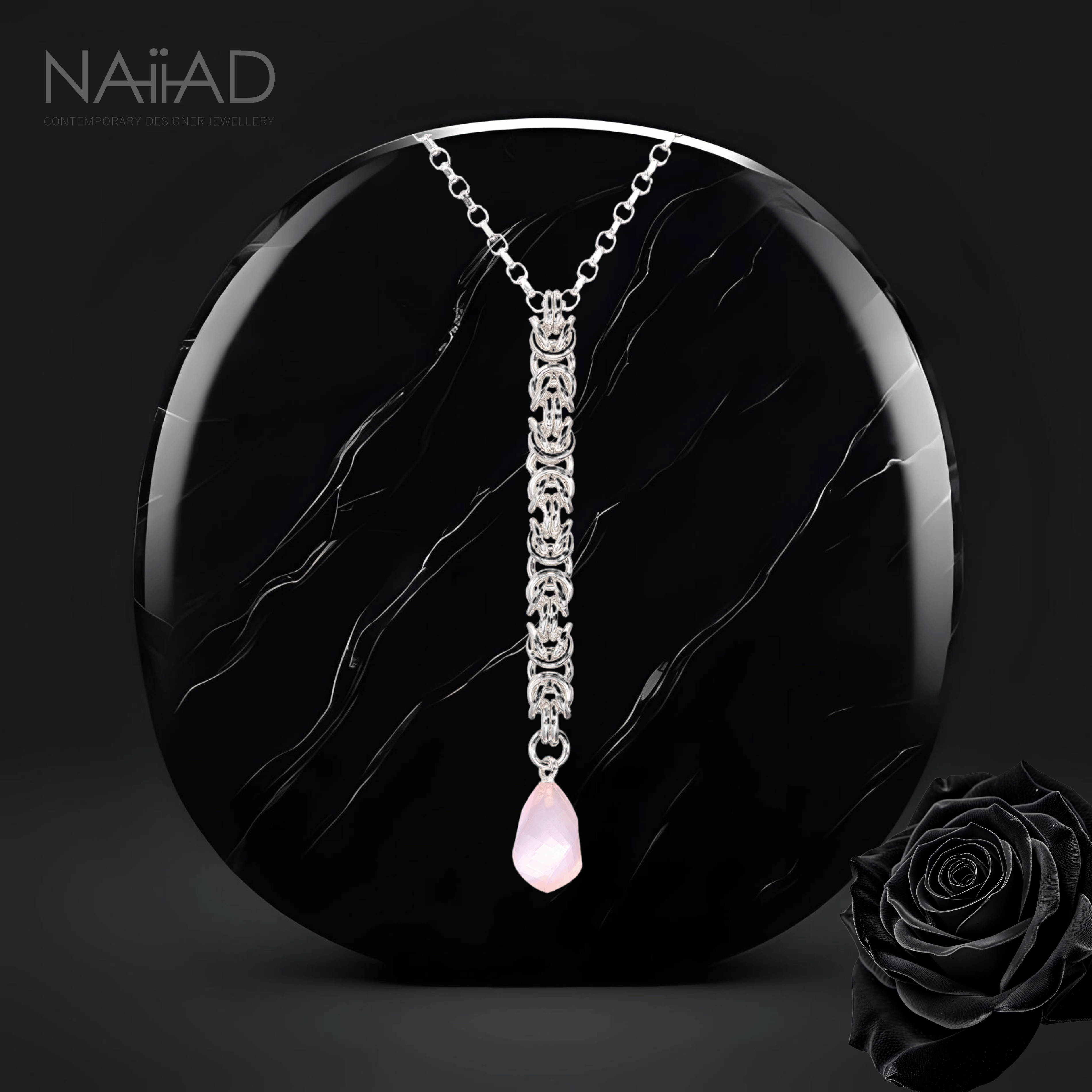 Rose Dew Byzantine Necklace - sterling silver chainmail and rose quartz drop