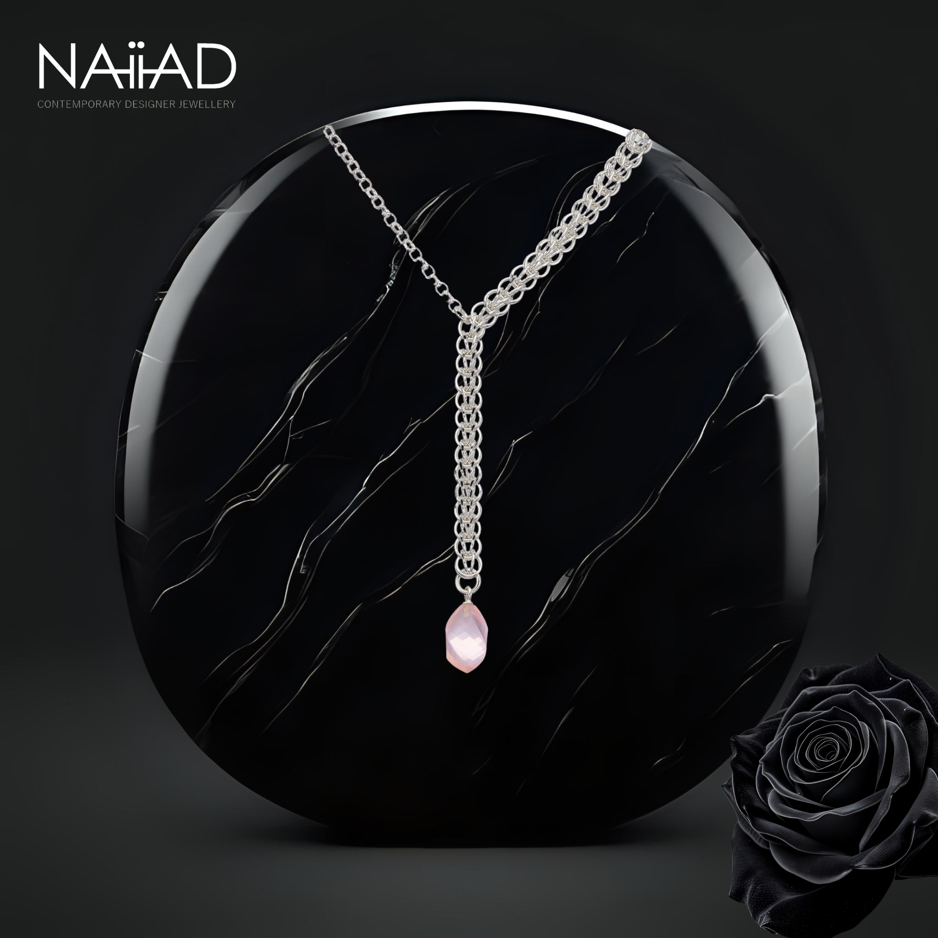 Rose Dew Persian Necklace - sterling silver chainmail and rose quartz drop