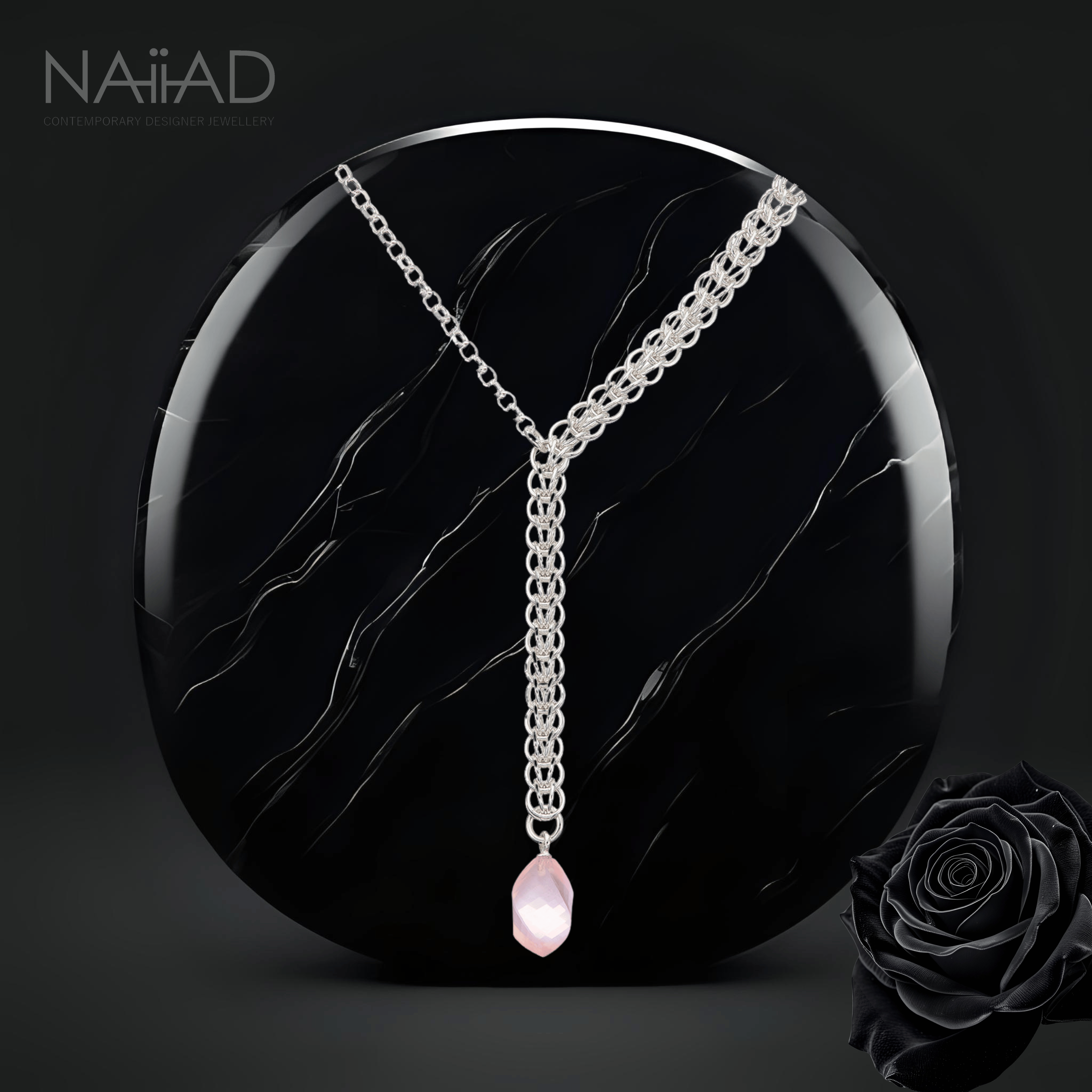 Rose Dew Persian Necklace - sterling silver chainmail and rose quartz drop