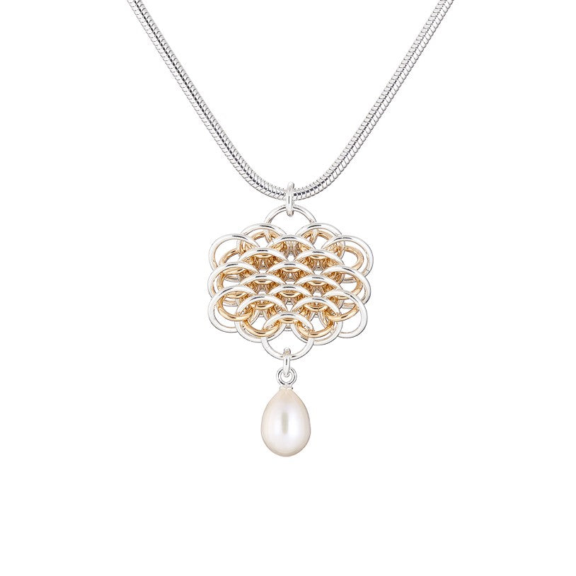 "Nymph Pearl" Argentium silver and gold filled chainmail necklace