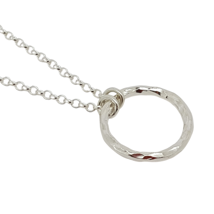 Circle of Life large sterling silver hammered ring necklace for fundraising side view